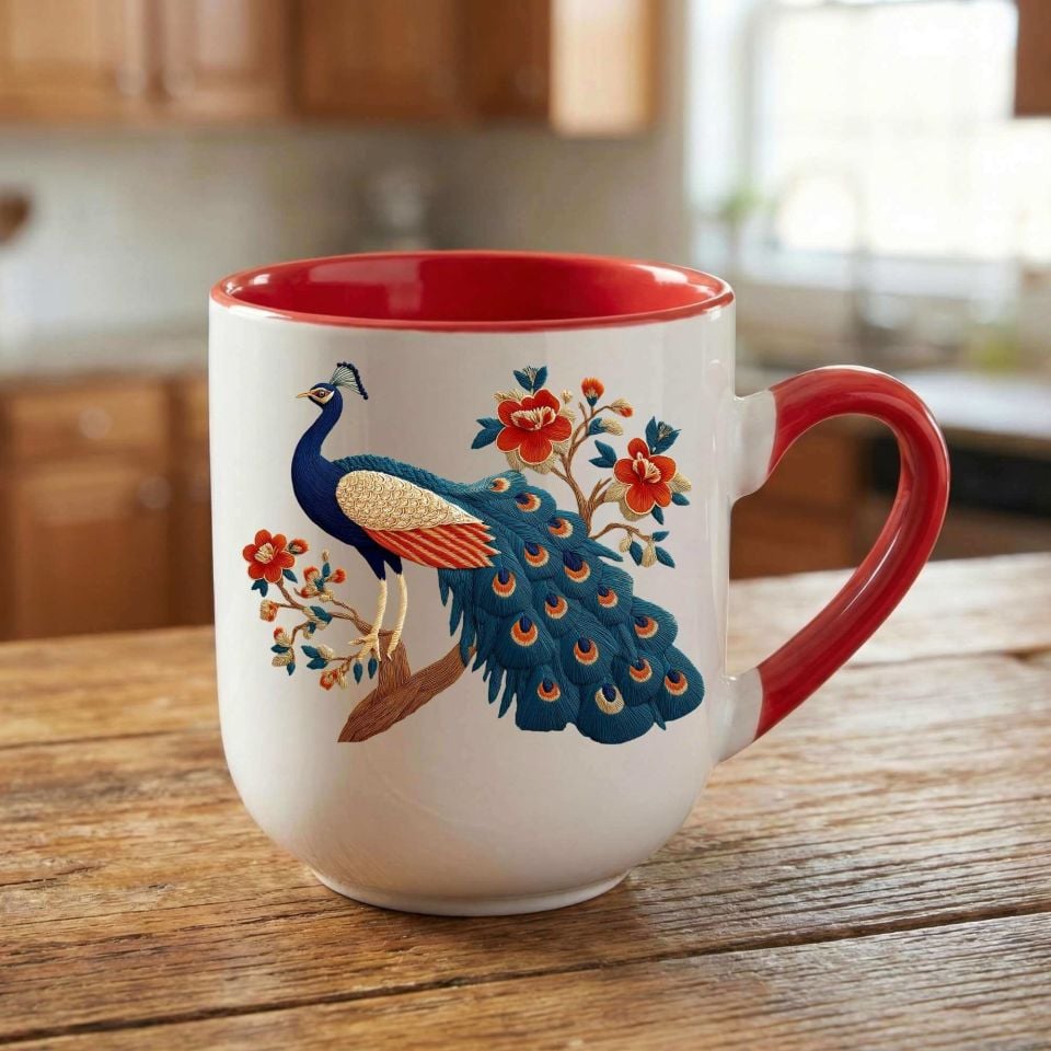 Melekê Tawis Tavus Kuşlu Tasarımlı Elite Oval Kırmızı Kupa Bardağı