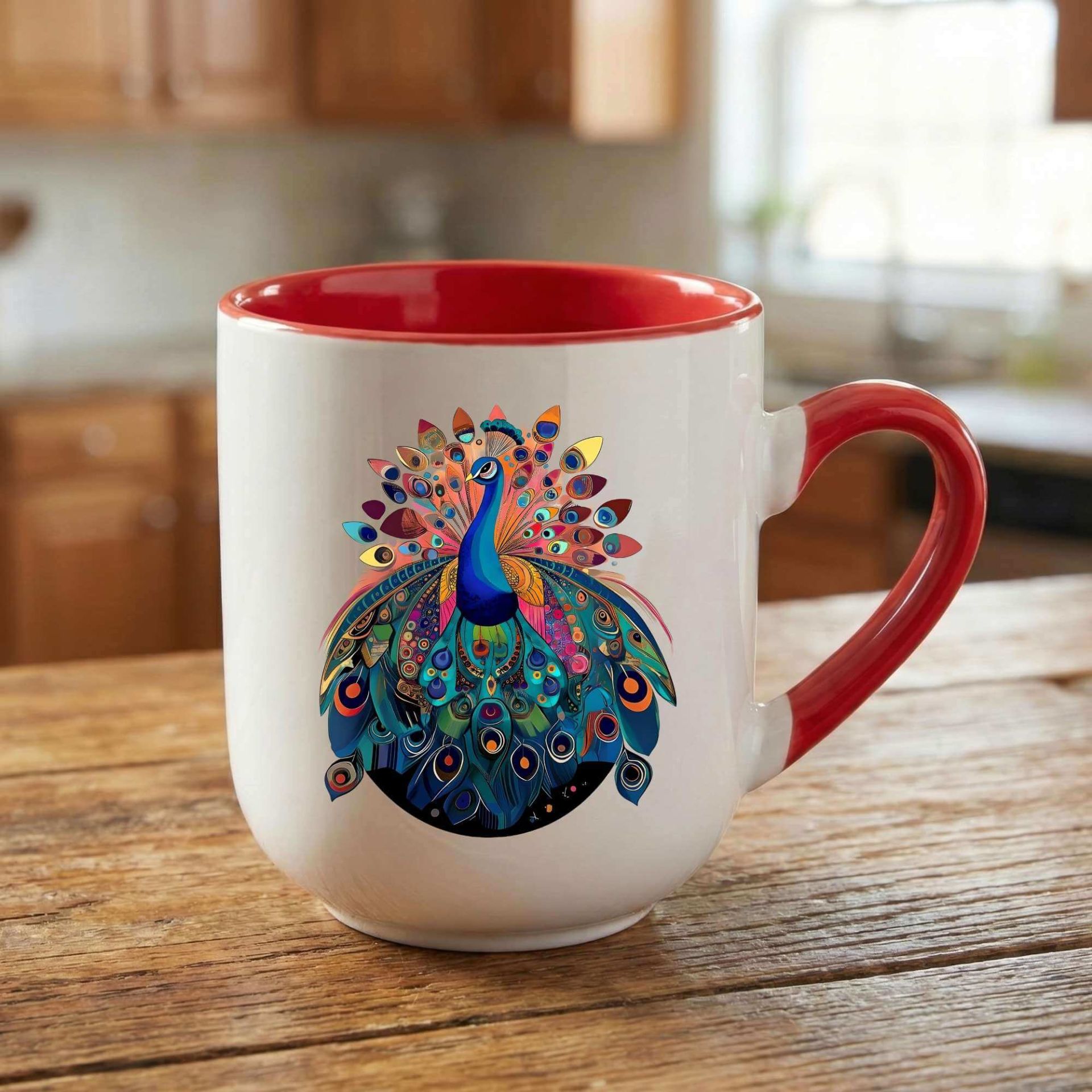 Melekê Tawis Tasarımlı Elite Oval Kırmızı Kupa Bardağı - Tavus Kuşlu Kupa Bardak