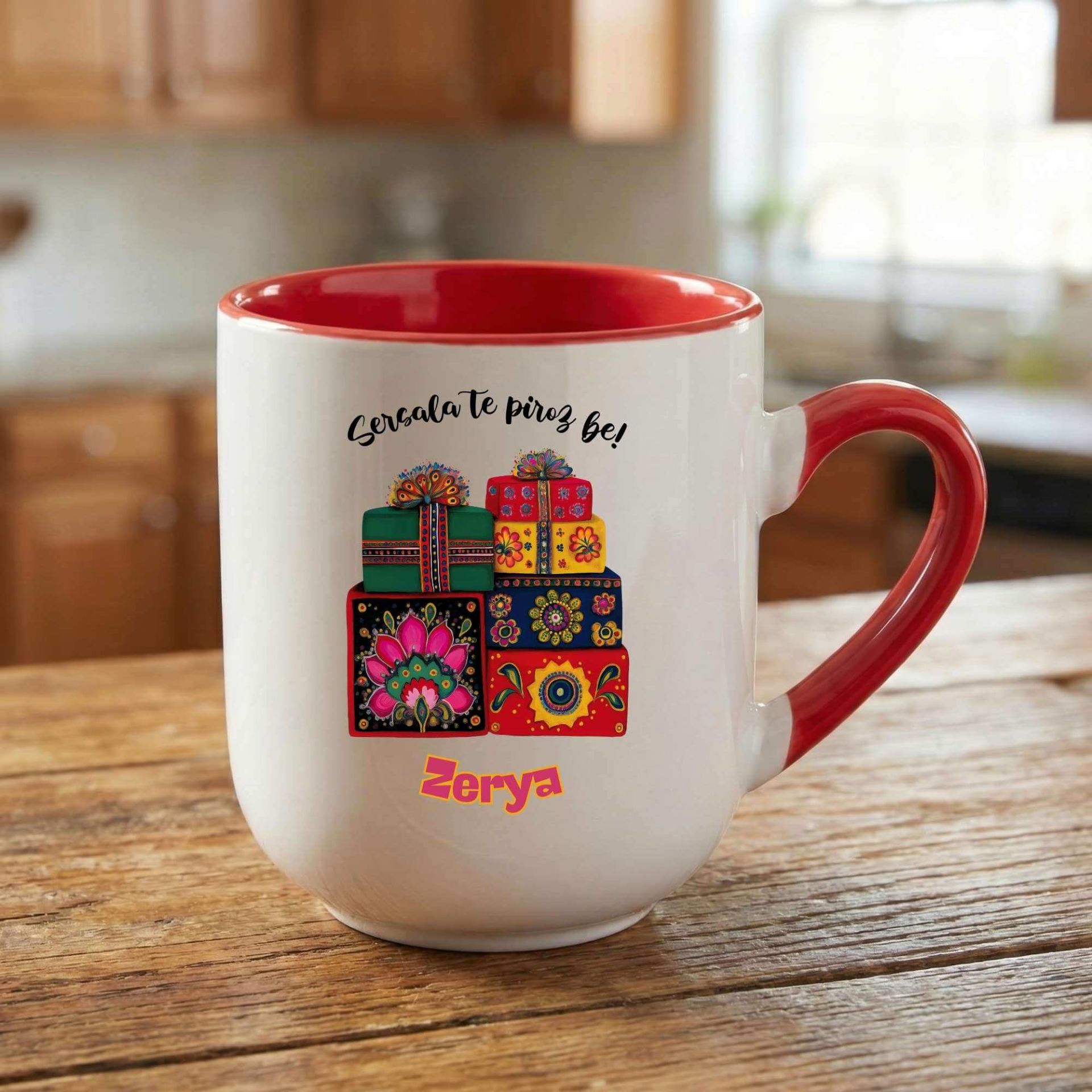 İsme Özel Kürtçe Yılbaşı Sersala Te Piroz Be Yazılı Elite Oval Kırmızı Kupa Bardak