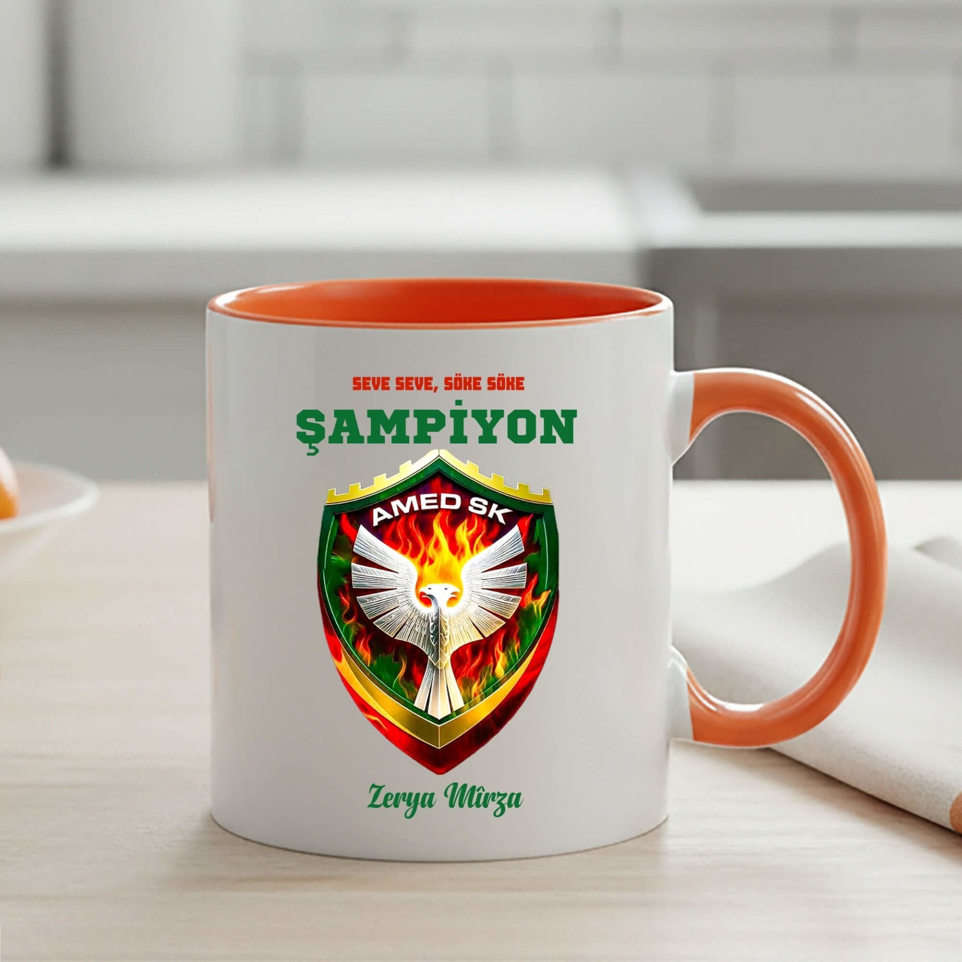 İsme Özel Seve Seve Söke Söke Şampiyon Amedspor Klasik Turuncu Kupa Bardak
