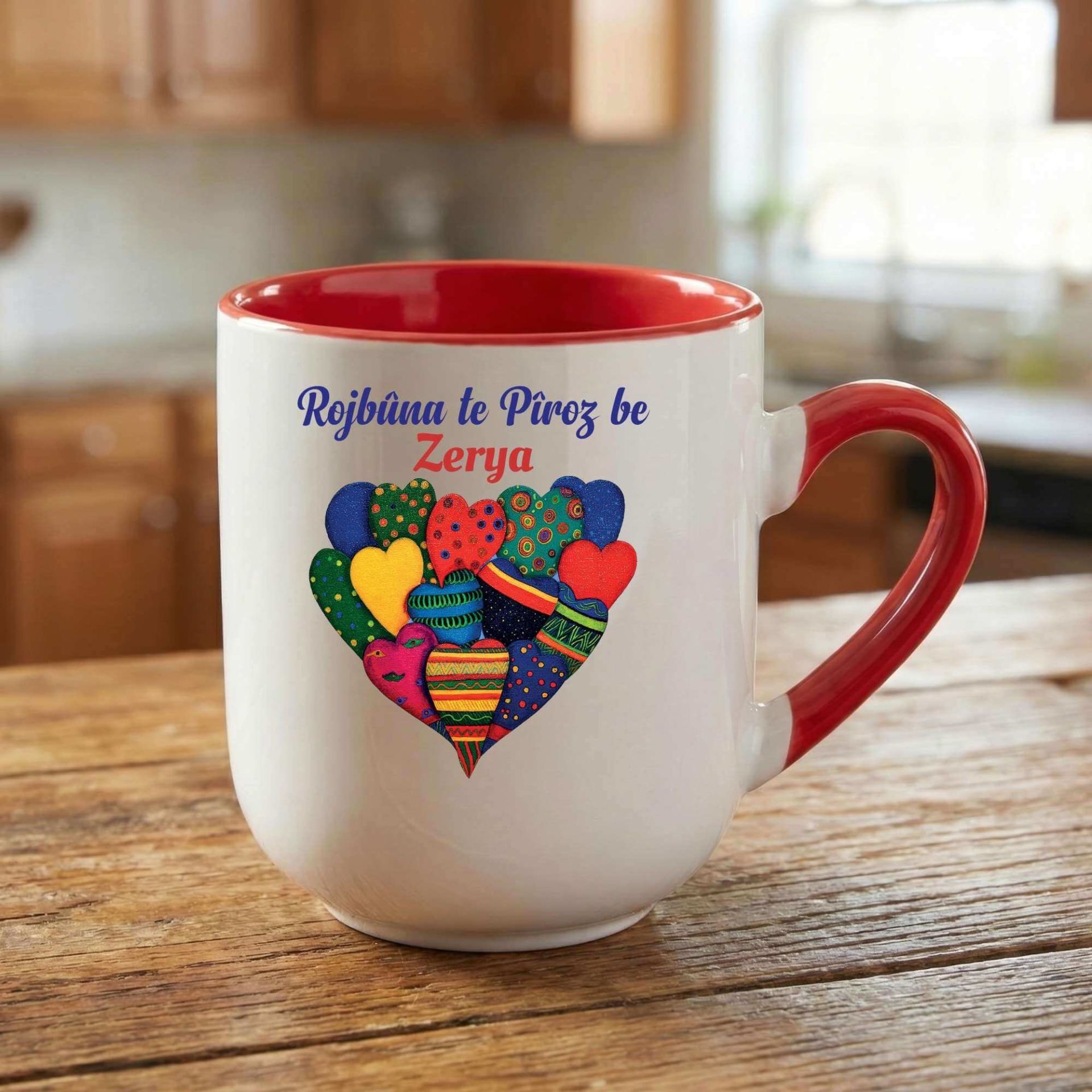 İsme Özel Kürtçe Doğum Günü Rojbûna Te Piroz Be Yazılı Kalpli Elite Oval Kırmızı Kupa Bardak