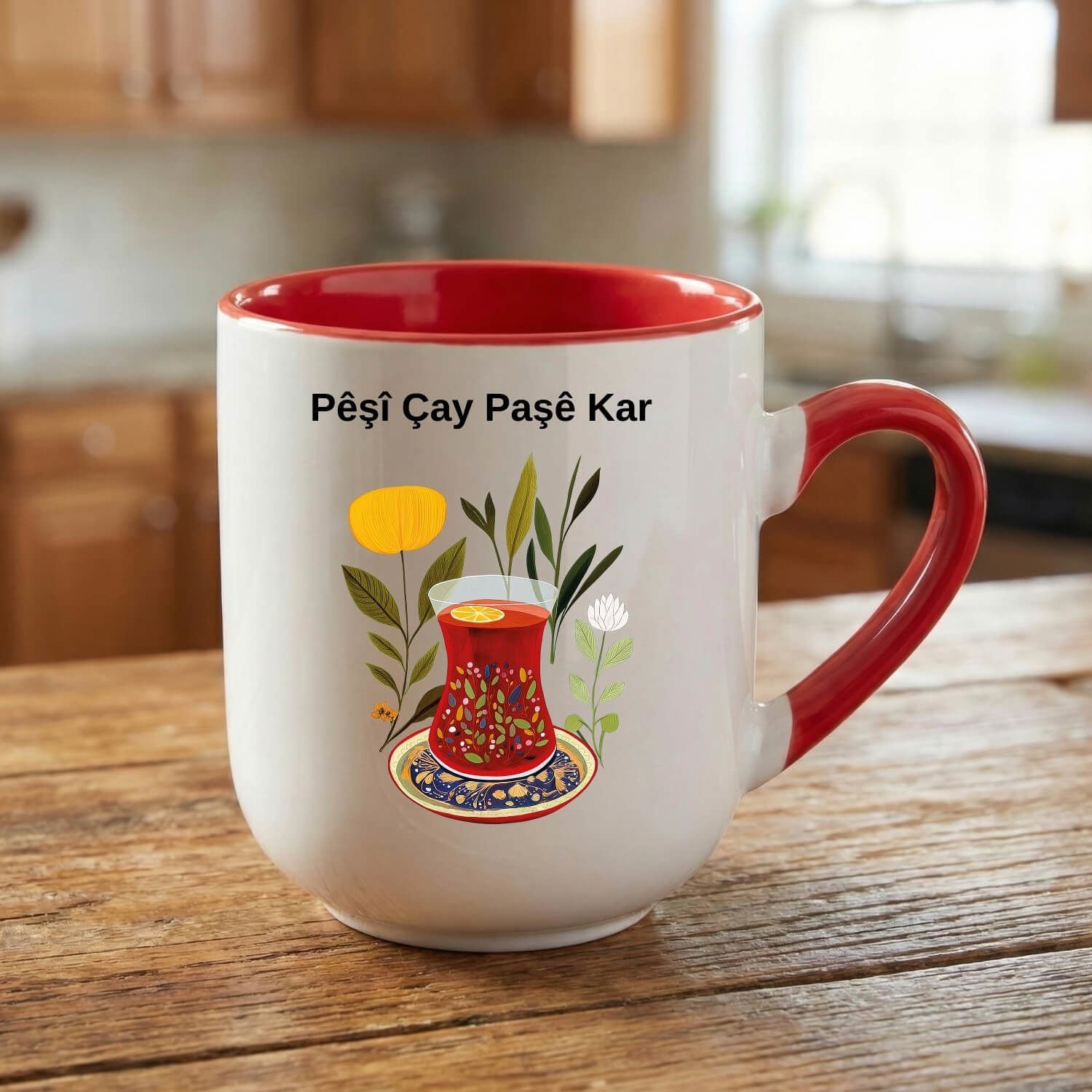 Kürtçe Pêşî Çay Paşê Kar Yazılı Elite Oval Kırmızı Kupa Bardak