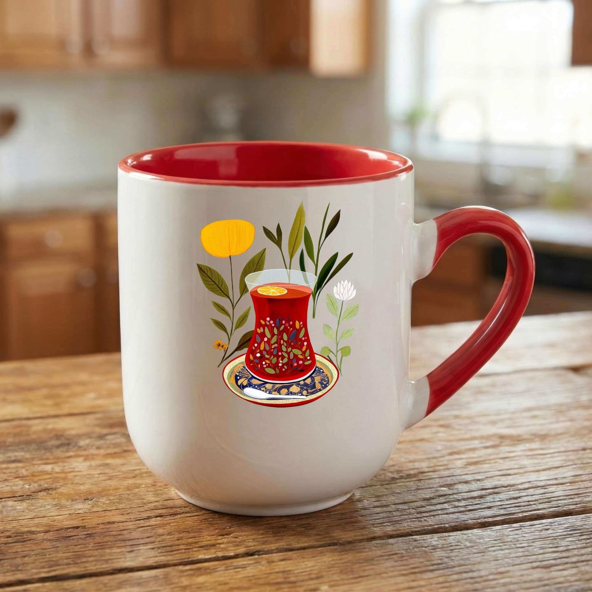 Kürtçe Pêşî Çay Paşê Kar Yazılı Elite Oval Kırmızı Kupa Bardak