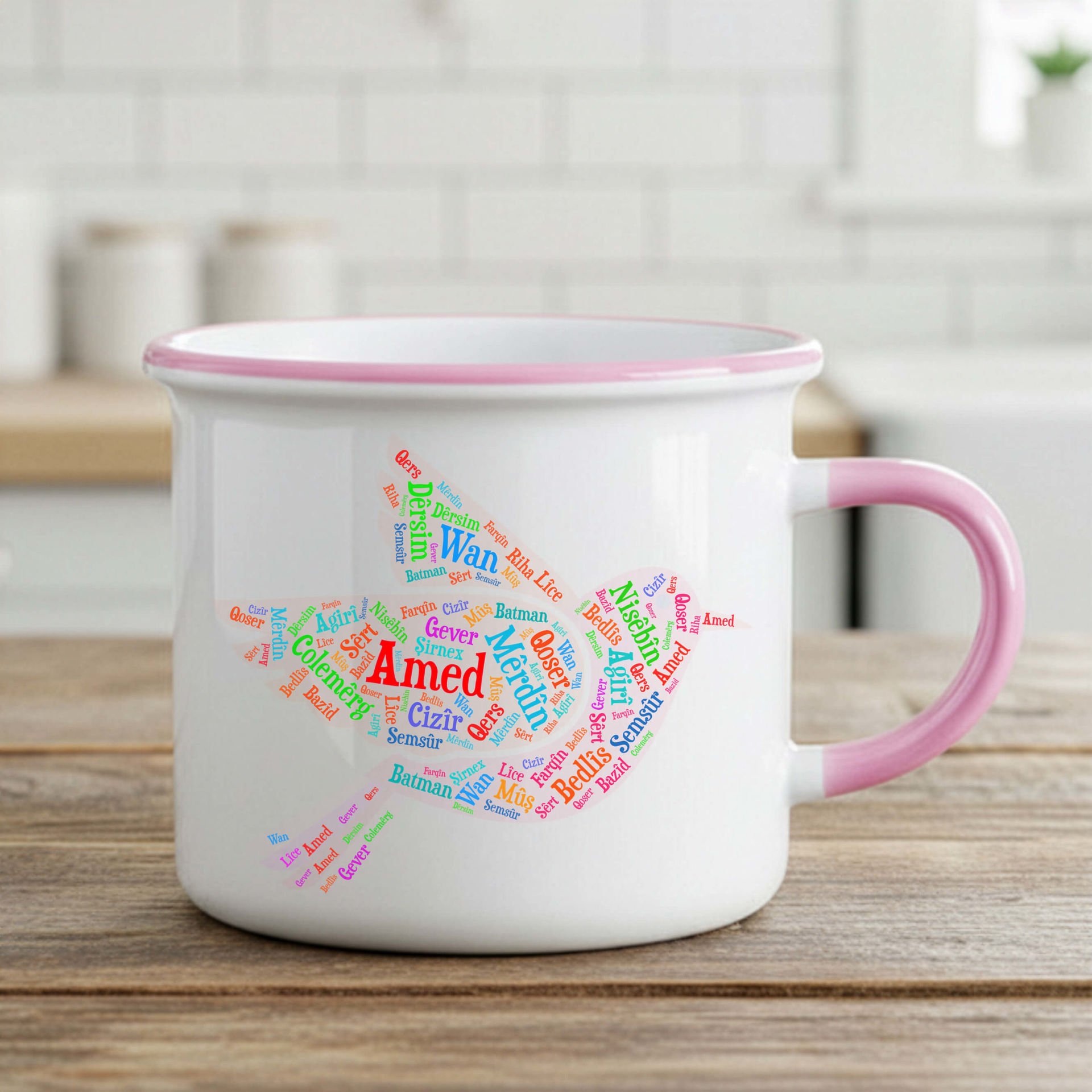 Kürt Şehirleri Tasarımlı Enamel Pembe Kupa Bardak - Kürt Şehirleri Enamel Kupası