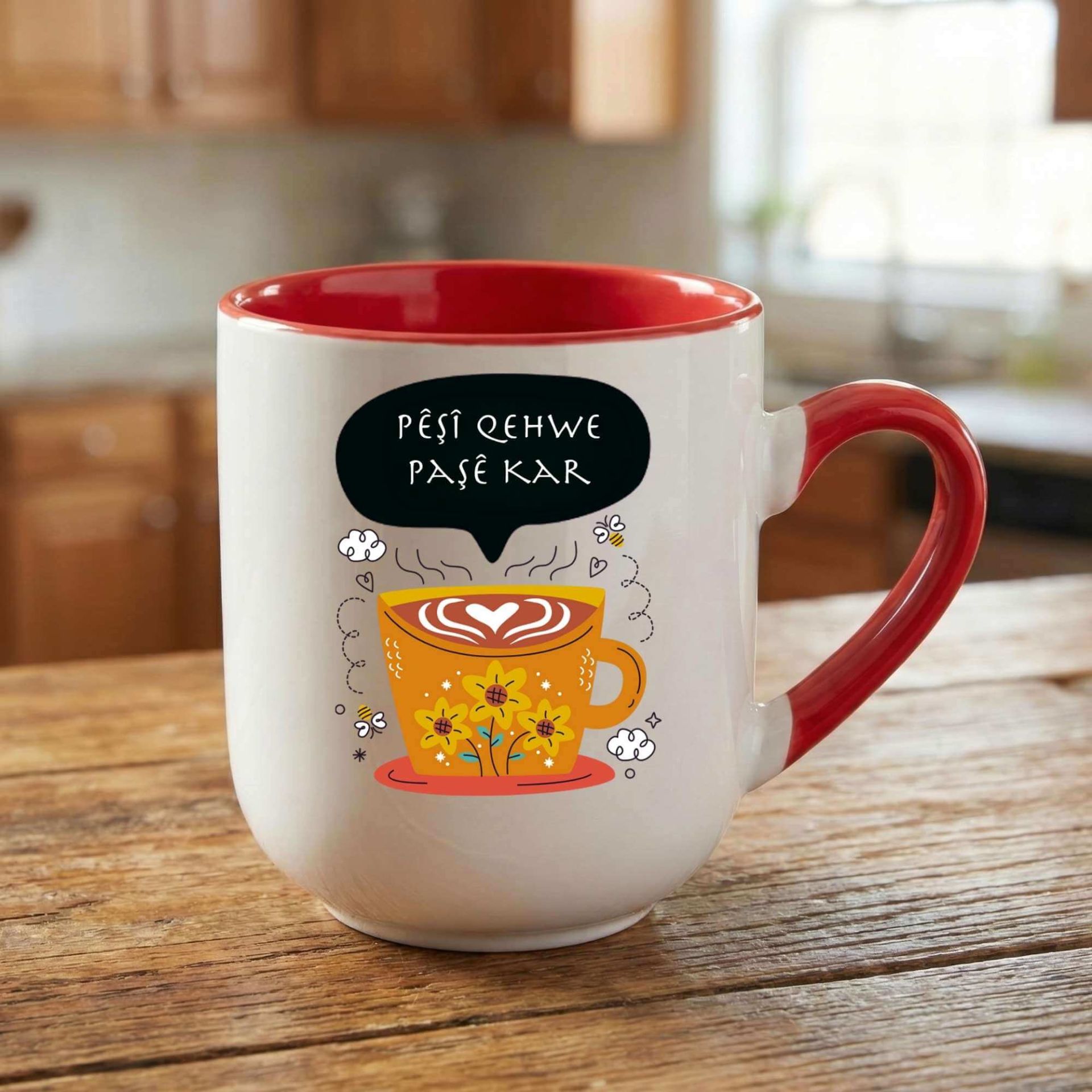 Kürtçe Pêşî Qehwe Paşê Kar Yazılı Elite Oval Kırmızı Kupa Bardak
