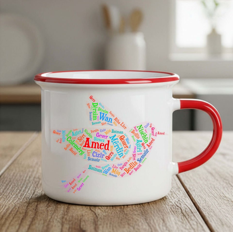 Kürt Şehirleri Tasarımlı Enamel Kırmızı Kupa Bardak - Kürt Şehirleri Enamel Kupası