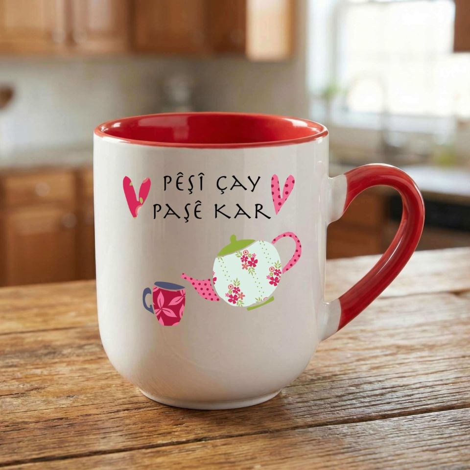 Kürtçe Pêşî Çay Paşê Kar Tasarımlı Elite Oval Kırmızı Kupa Bardak