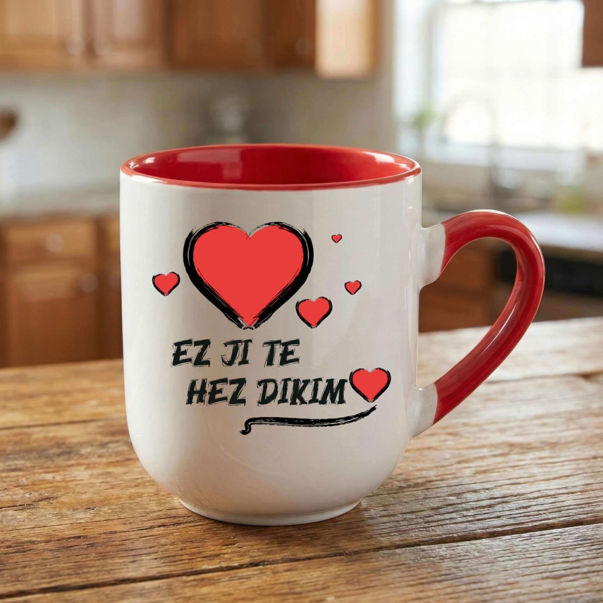 Kürtçe Ez Ji Te Hez Dikim Tasarımlı Elite Oval Kırmızı Kupa Bardak