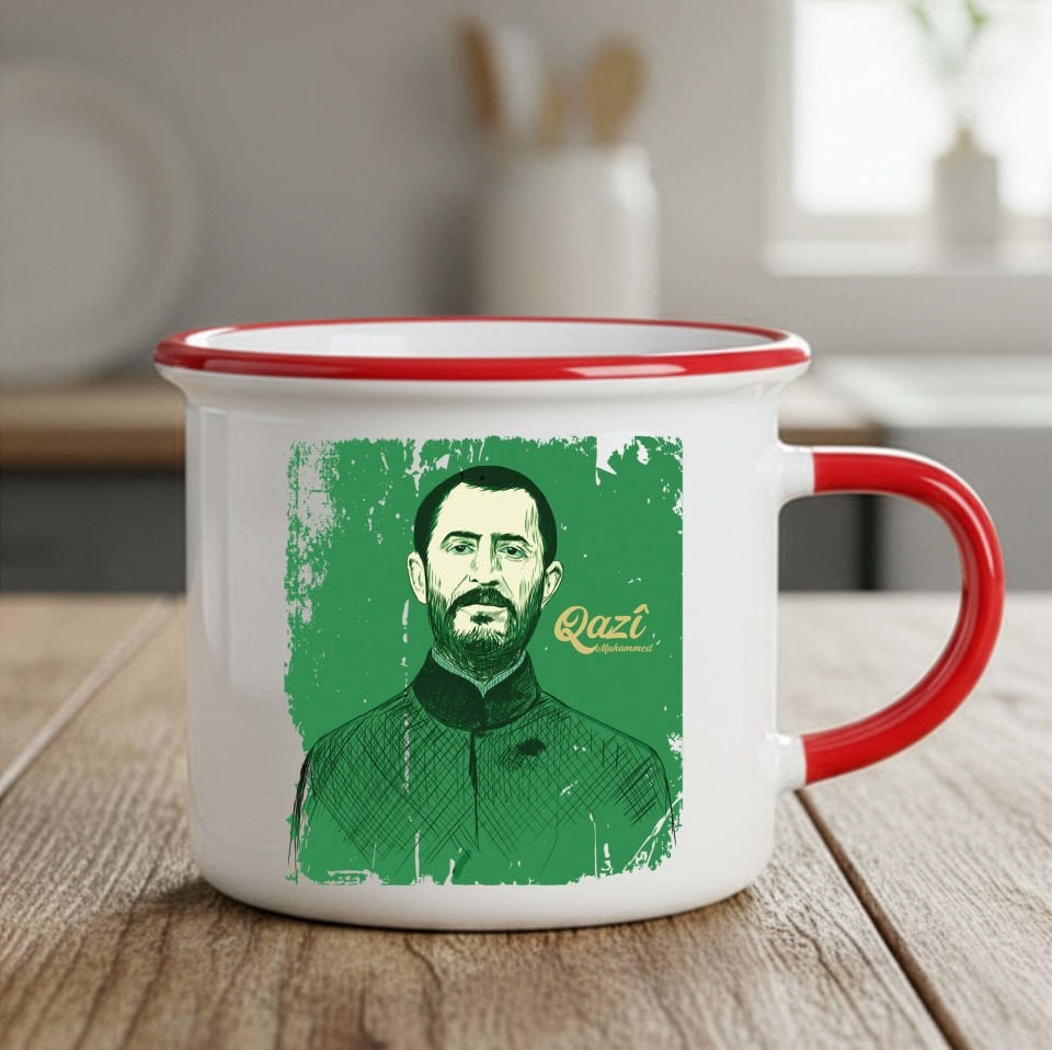 Qazi Muhammed Resimli Enamel Kırmızı Kupa Bardak - Qazi Muhammed Tasarımlı Enamel Kupası