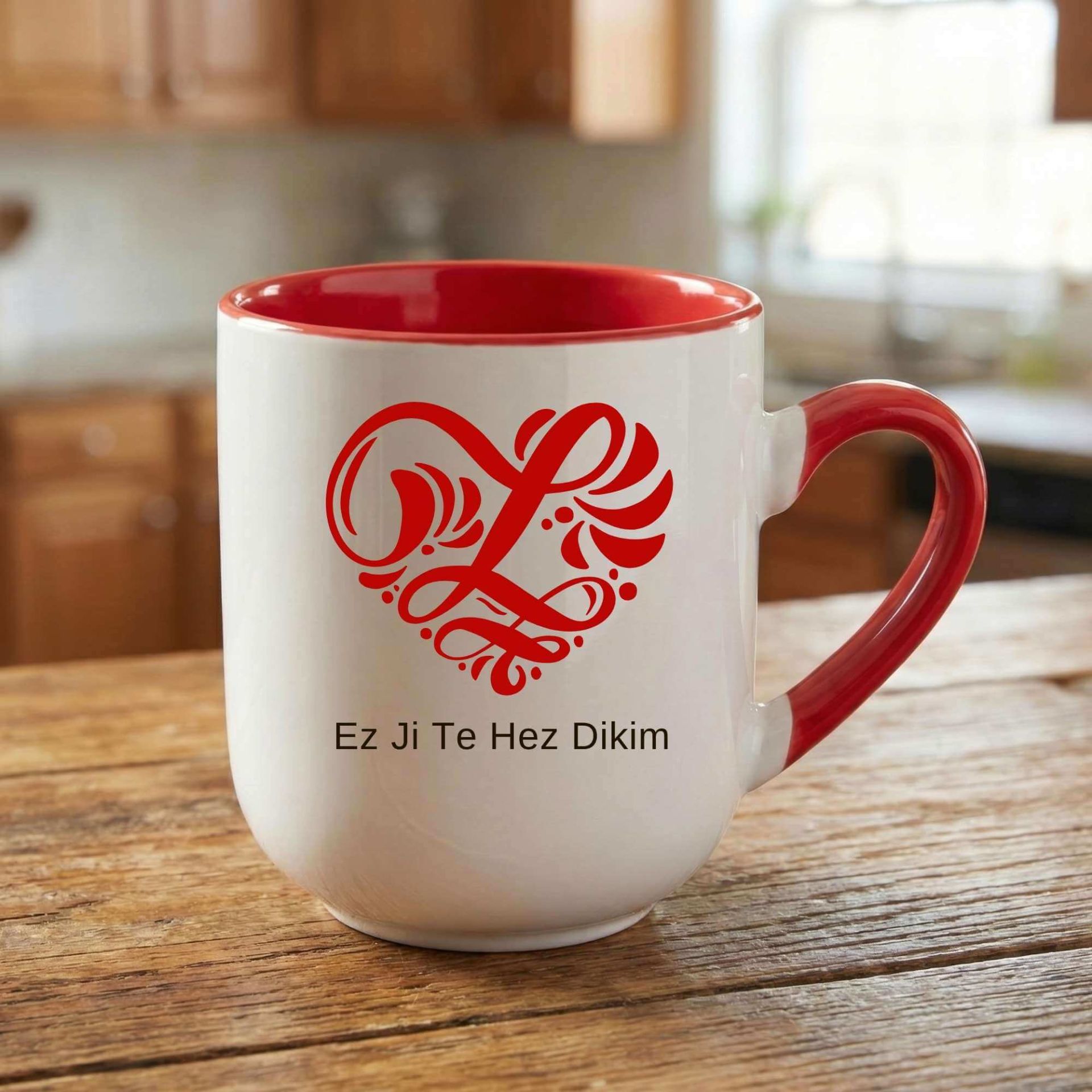 Kürtçe Ez Ji Te Hez Dikim Tasarımlı Kalpli Elite Oval Kırmızı Kupa Bardak
