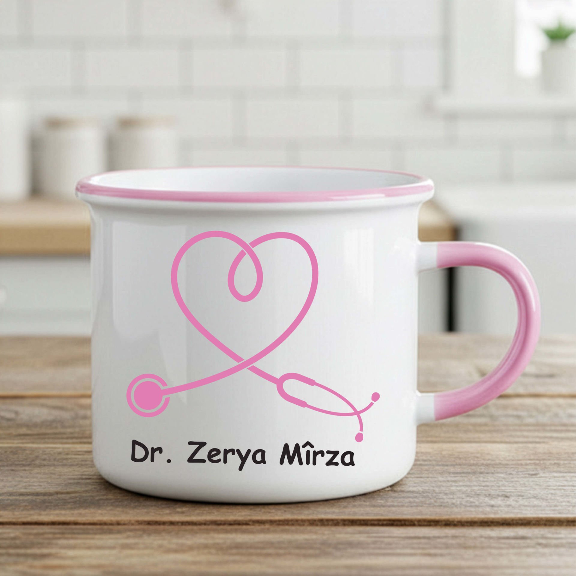 İsme Özel Doktorlar İçin Enamel Pembe Kupa Bardak - İsme Özel Doktorlara Özel Enamel Kupası