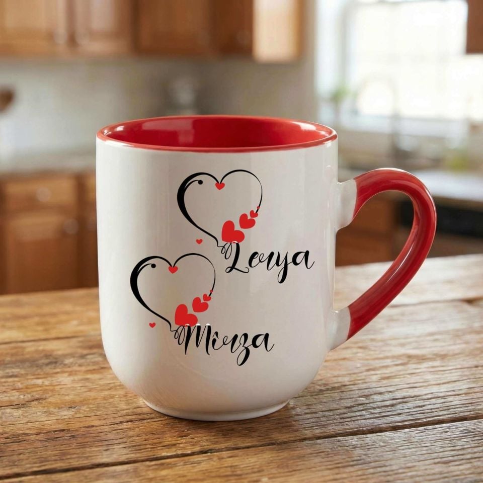 Sevgililere Özel İsimli Çift Kalpli Elite Oval Kırmızı Kupa Bardak