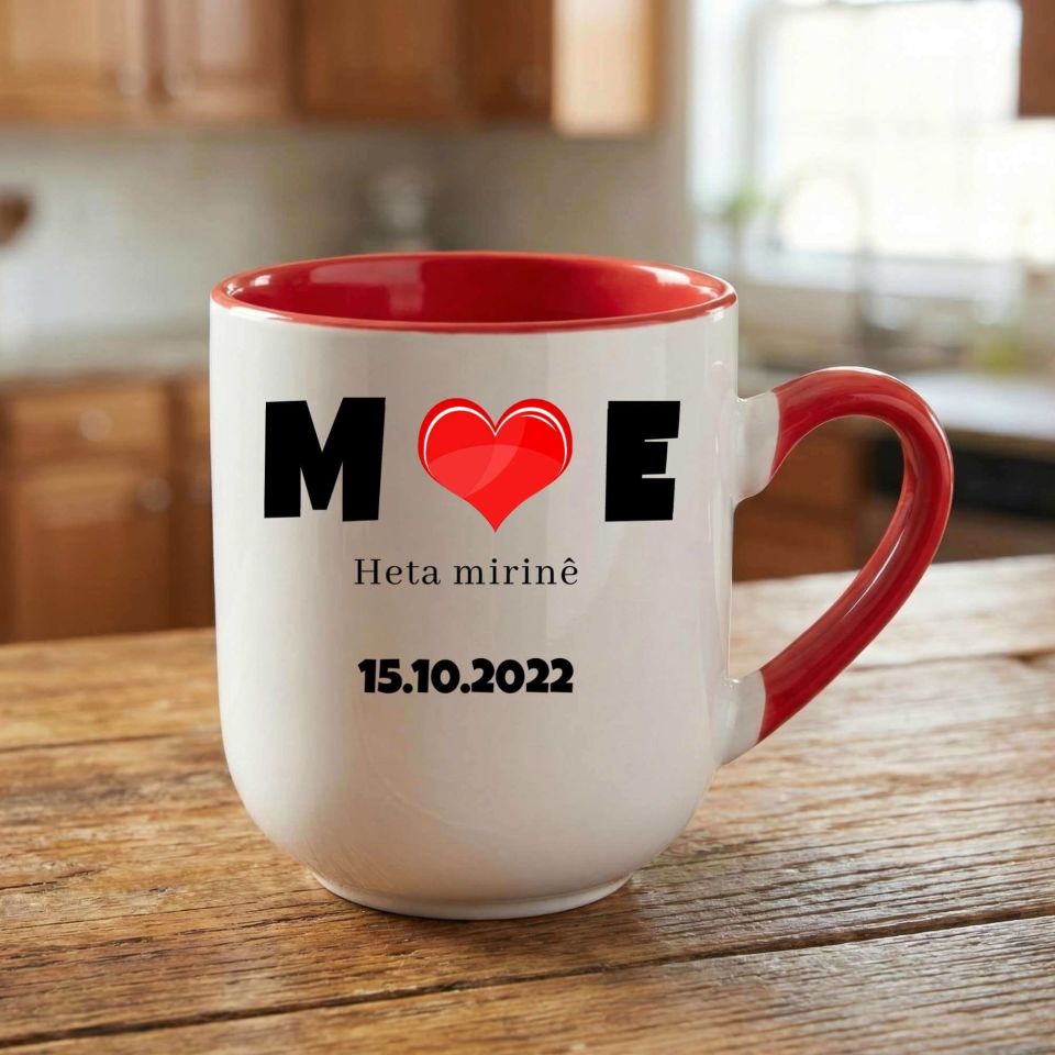 Sevgililere Özel Harfli ve Tarihli Heta Mirinê Kalpli Elite Oval Kırmızı Kupa Bardak