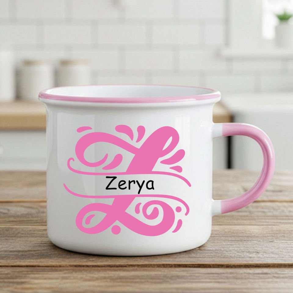 İsme Özel Harfli Enamel Pembe Kupa Bardak - İsme Özel Harfli Enamel Kupası