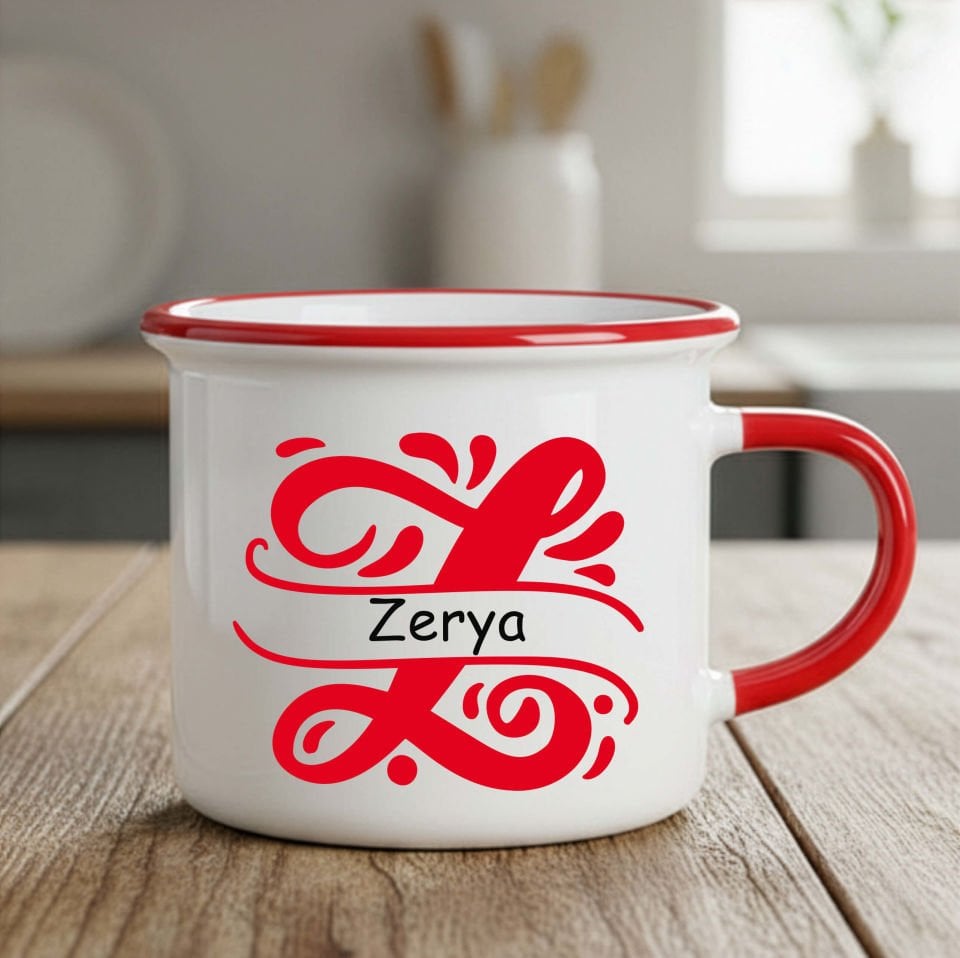 İsme Özel Harfli Enamel Kırmızı Kupa Bardak - İsme Özel Harfli Enamel Kupası
