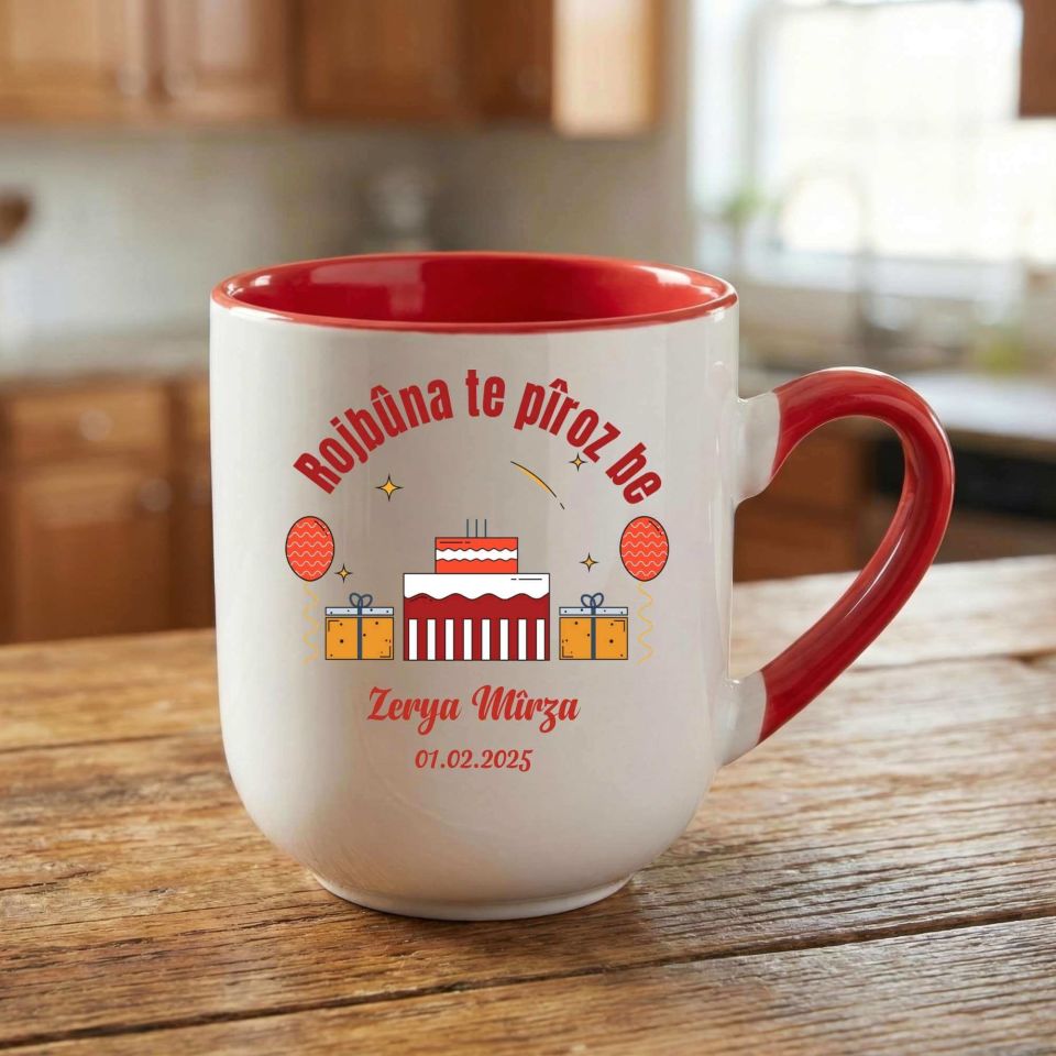 İsme Özel Kürtçe Doğum Günü Rojbûna Te Piroz Be Yazılı Tarihli Elite Oval Kırmızı Kupa Bardak