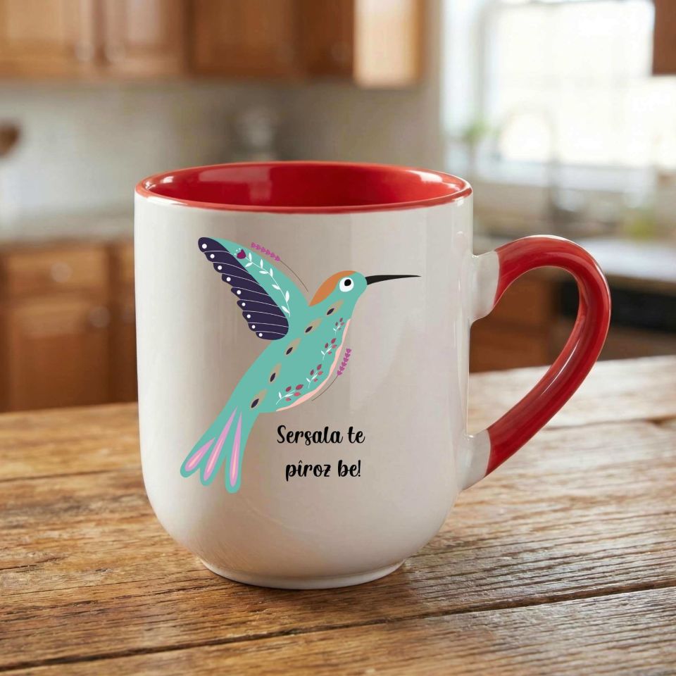 Kürtçe Yılbaşı Sersala Te Piroz Be Yazılı Kuş Tasarımlı Elite Oval Kırmızı Kupa Bardak