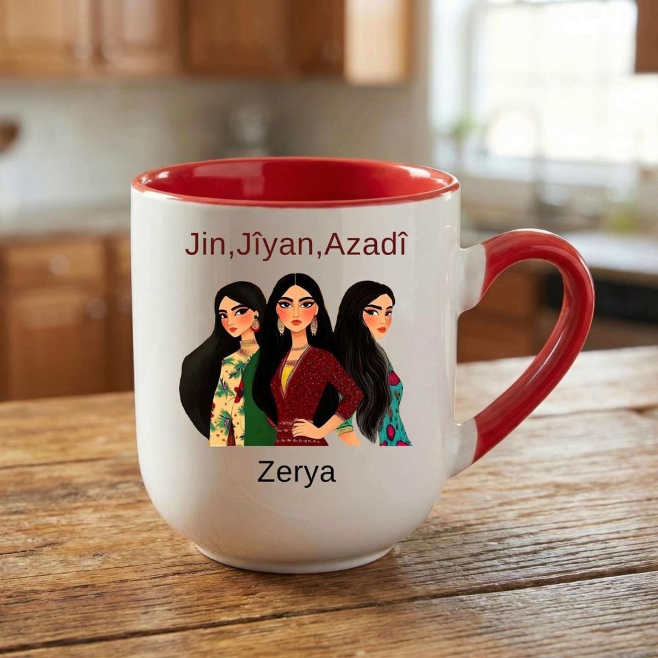 İsme Özel Jin Jiyan Azadi Kadın Tasarımlı Elite Oval Kırmızı Kupa Bardak