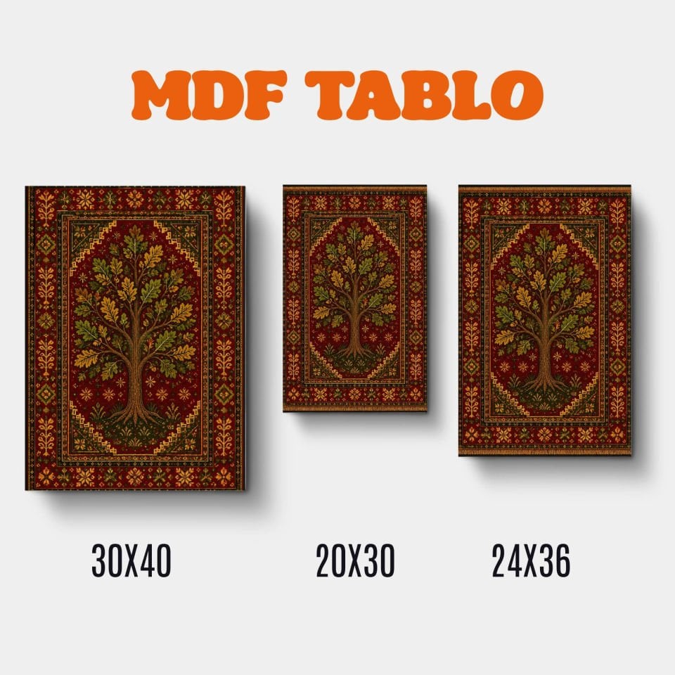 Tabloya Dara Vejînê - Halı Kilim Hayat Ağacı Motifli Tasarımlı Duvar Dekoratif Mdf Ahşap Retro Poster Tablo