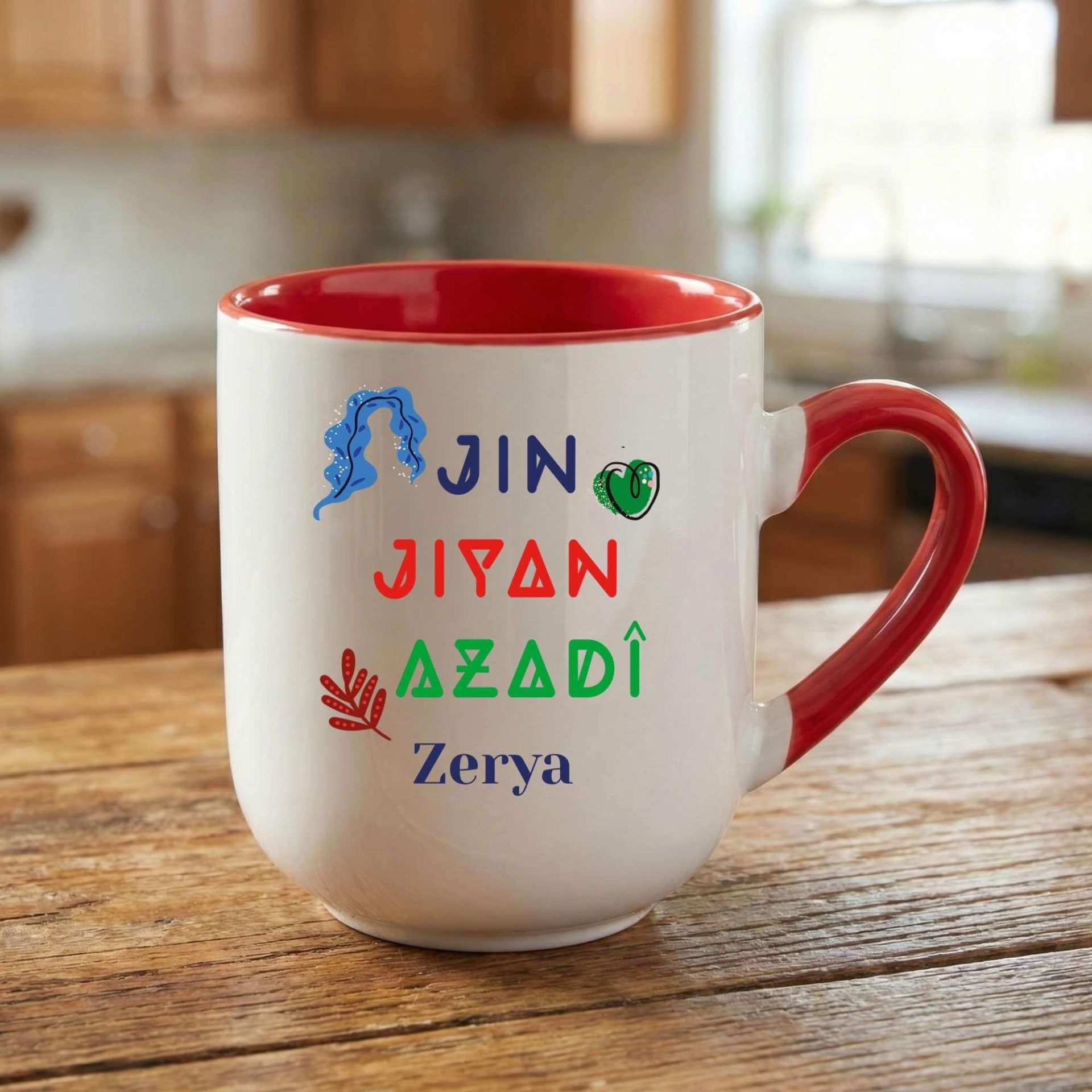 İsme Özel Jin Jiyan Azadi Yazılı Elite Oval Kırmızı Kupa Bardak