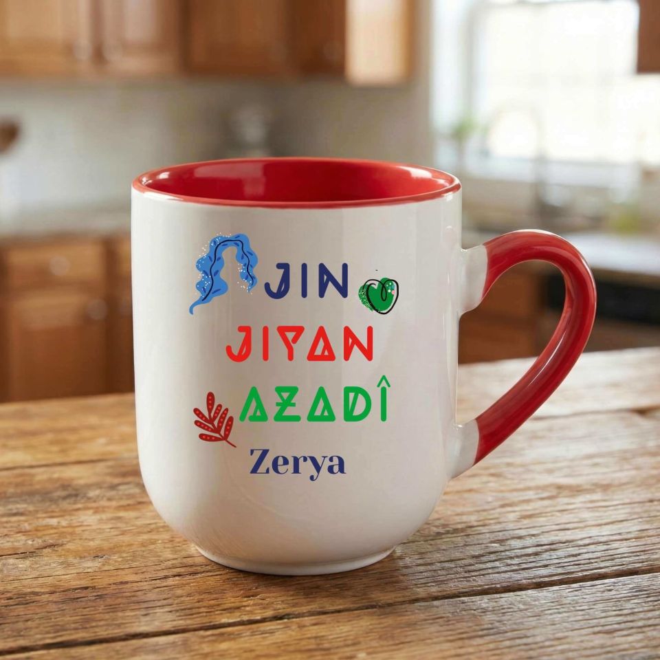 İsme Özel Jin Jiyan Azadi Yazılı Elite Oval Kırmızı Kupa Bardak