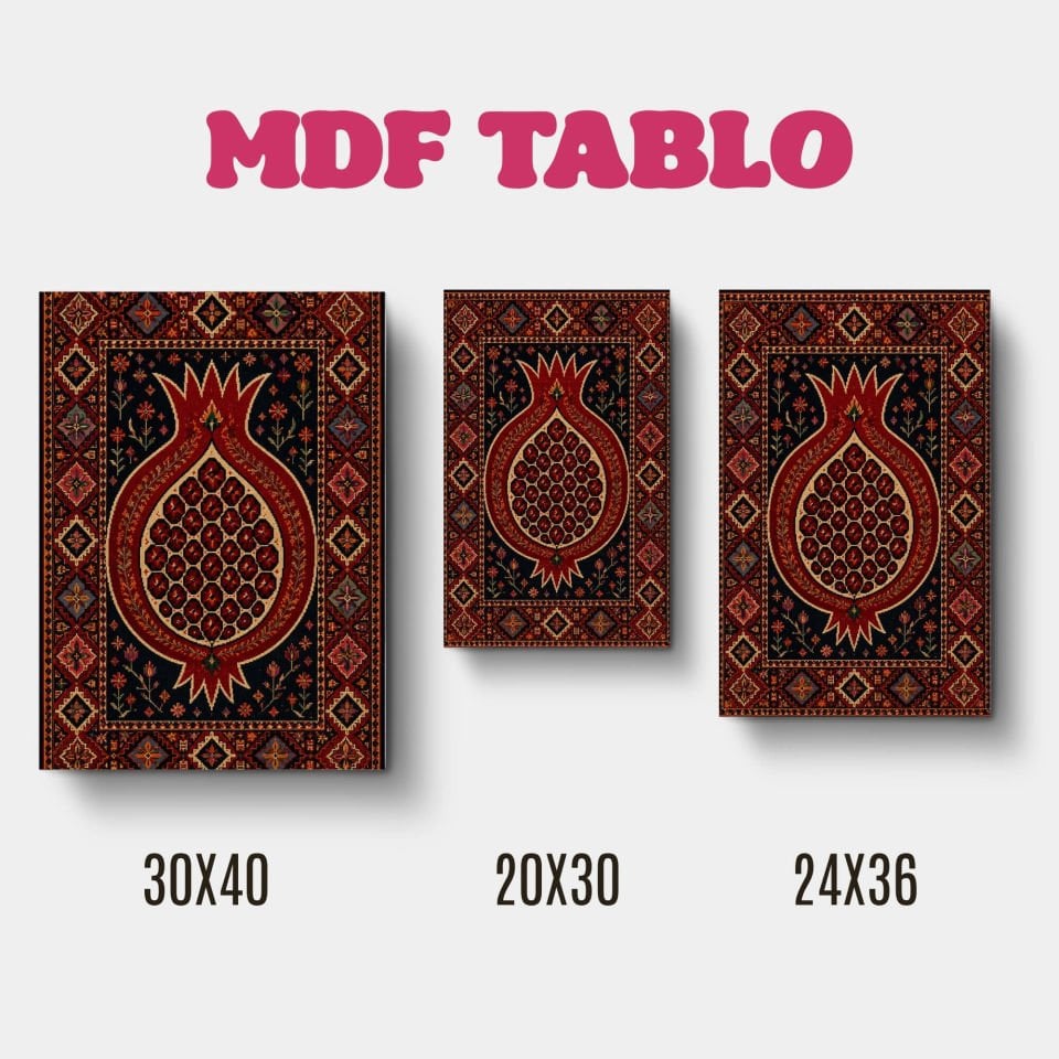 Tabloya Hinarê - Halı Kilim Nar Motifli Tasarımlı Duvar Dekoratif Mdf Ahşap Retro Poster Tablo