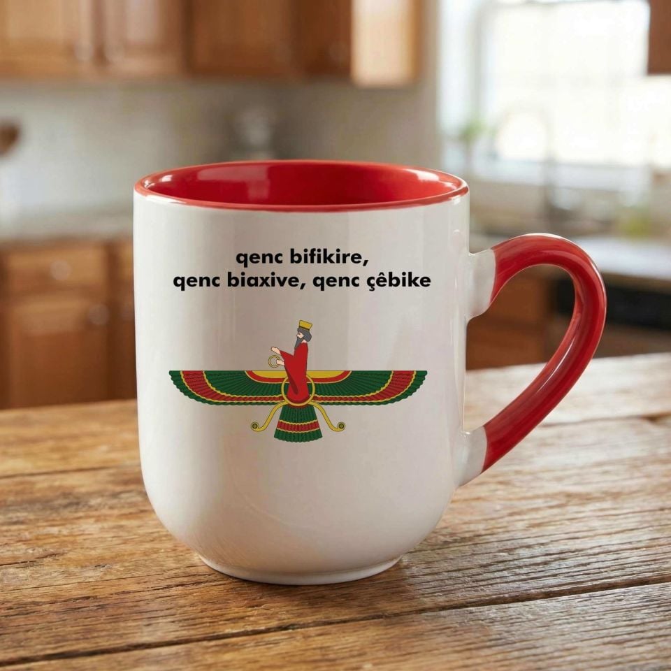 Ahura Mazda Tasarımlı Qenc Bifikire Yazılı Elite Oval Kırmızı Kupa Bardak