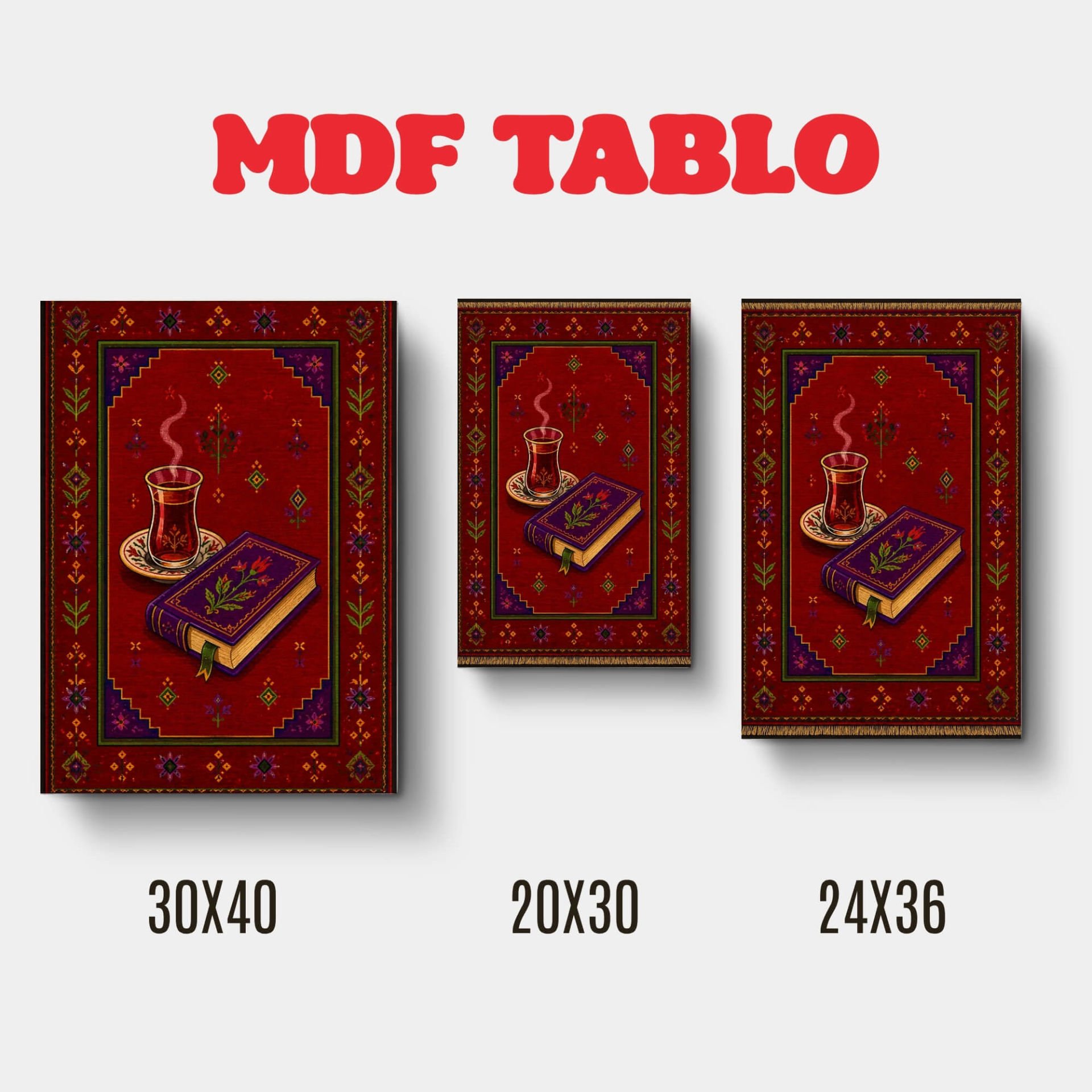 Tabloya Çay û Pirtûk - Halı Kilim Çay ve Kitap Motifli Tasarımlı Duvar Dekoratif Mdf Ahşap Retro Poster Tablo