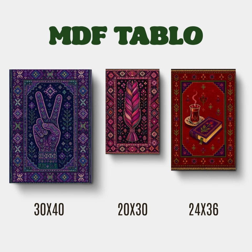 Halı Kilim Saç örgüsü Zafer İşareti ve Kitap Motifli Tasarımlı Duvar Dekoratif Mdf Ahşap Retro Poster Tablo SETİ