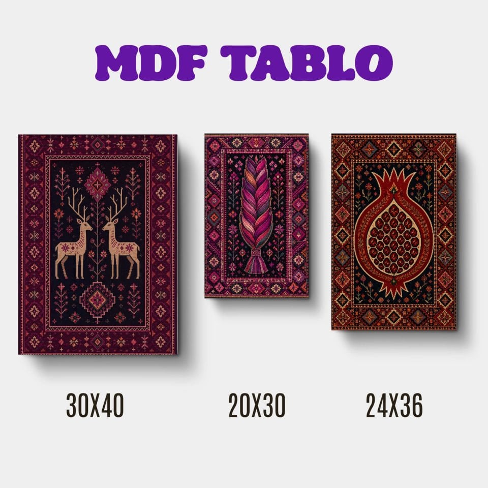 Halı Kilim Saç örgüsü Geyik ve Nar Tasarımlı Duvar Dekoratif Mdf Ahşap Retro Poster Tablo SETİ