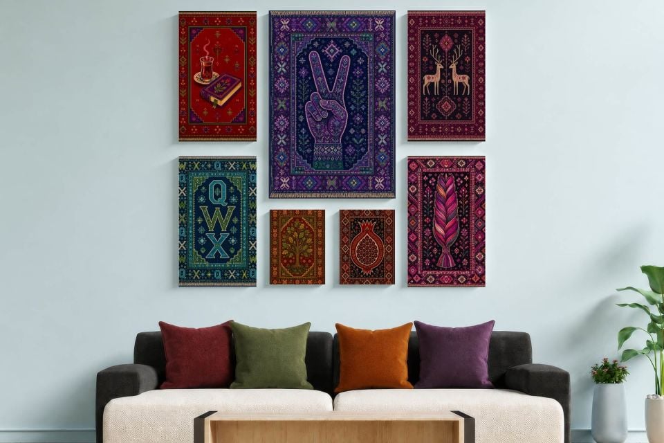 Tabloya Xalîçeyê - Halı Kilim Zafer İşareti Hayat Ağacı Saç örgülü Motifli Tasarımlı Duvar Dekoratif Mdf Ahşap Retro Poster Tablo SETİ