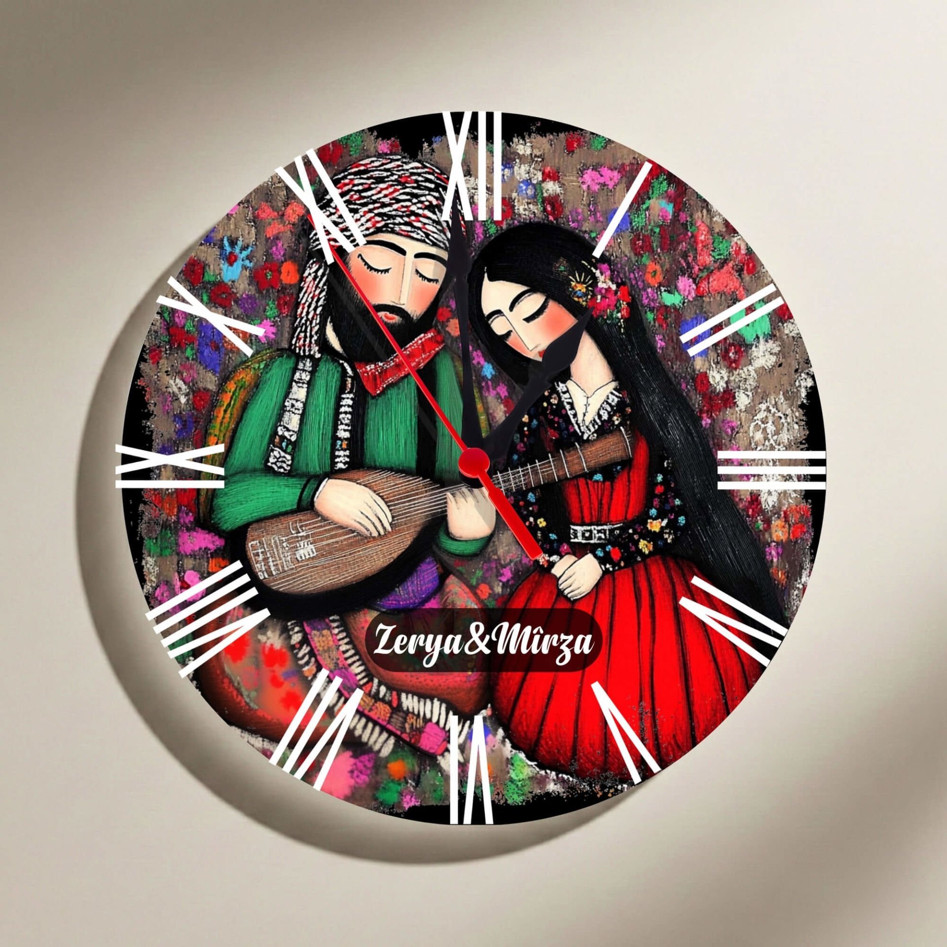 İsme Özel Mem û Zin Saz Tasarımlı Roma Rakamlı Duvar Saati