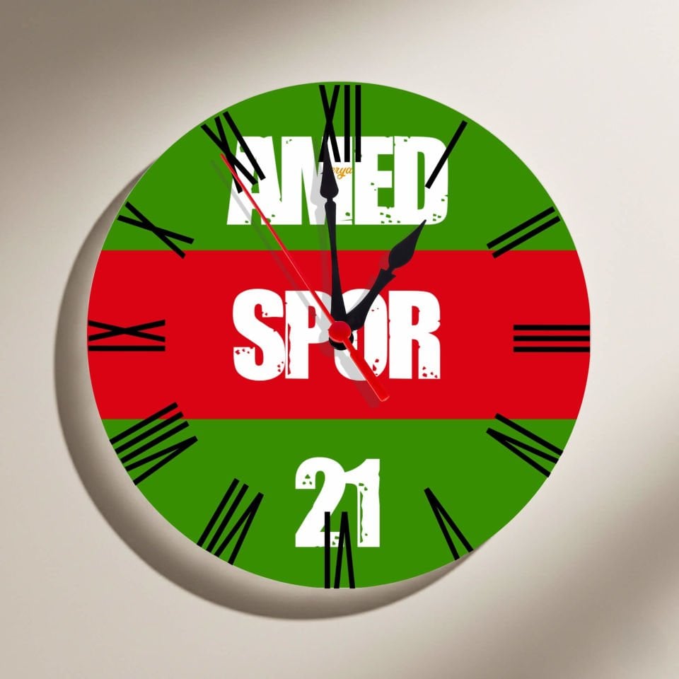Amedspor Yeşil Kırmızı Tasarımlı Duvar Saati - Amed Spor Roma Rakamlı Saat