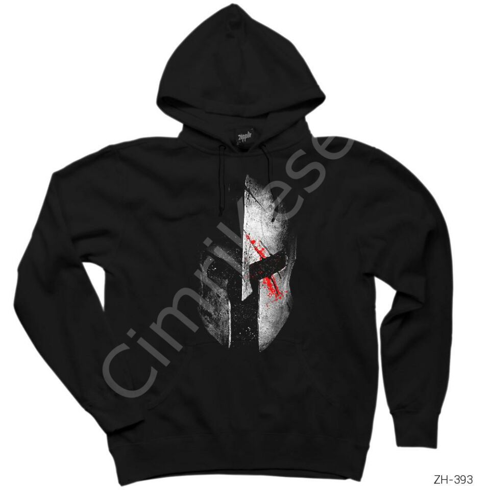 Spartan Helmet Gri Siyah Kapşonlu Sweatshirt Hoodie