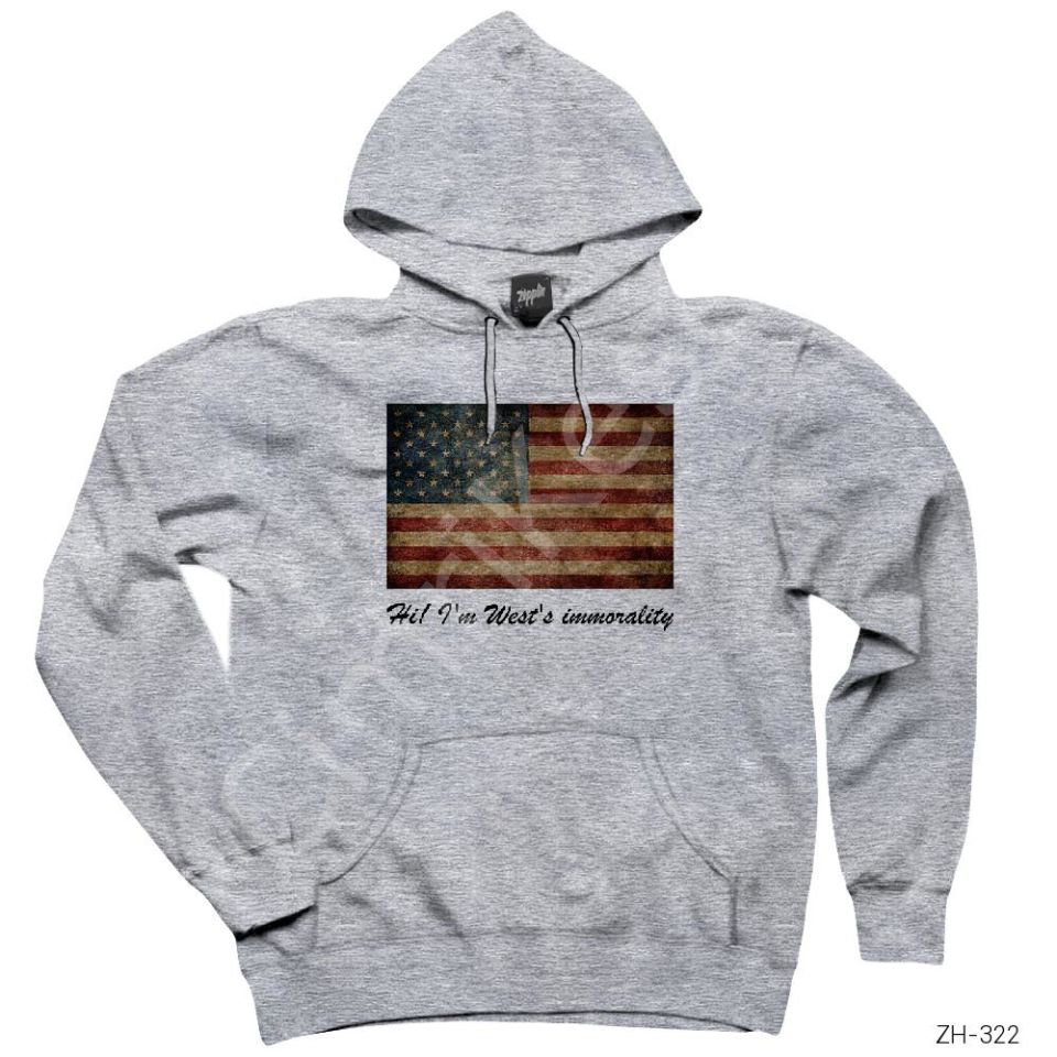American Flag Vintage Gri Kapşonlu Sweatshirt Hoodie