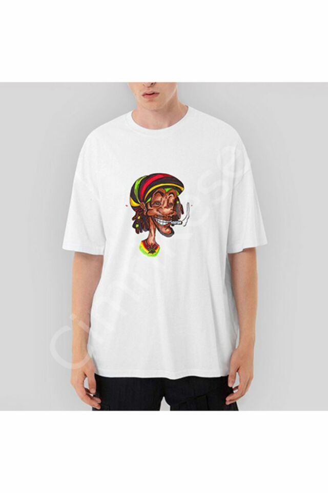 Bob Marley Smoke Cartoon Oversize Beyaz Tişört XL