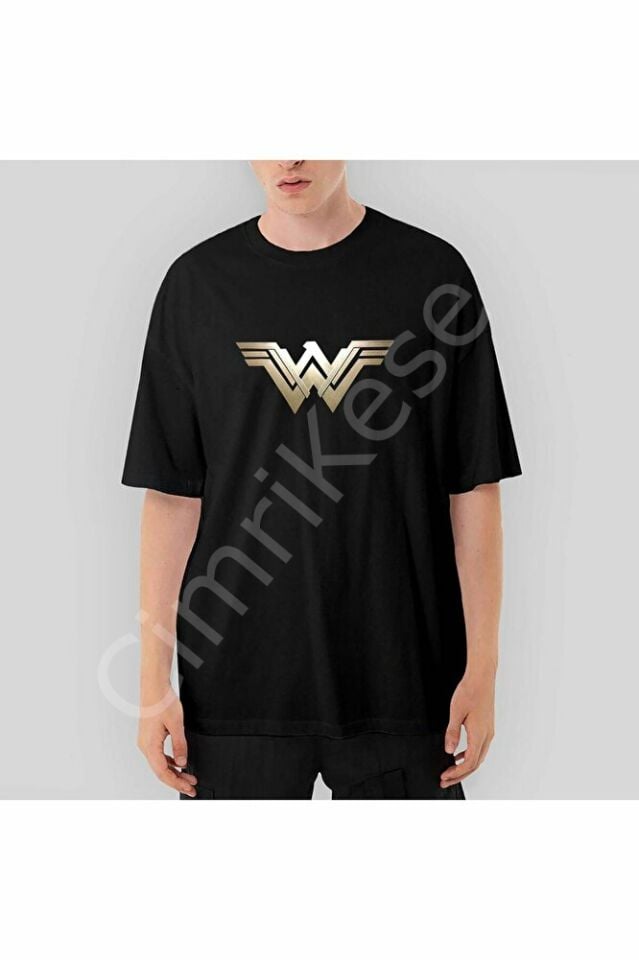 Wonder Woman Metal Logo Oversize Siyah Tişört XL