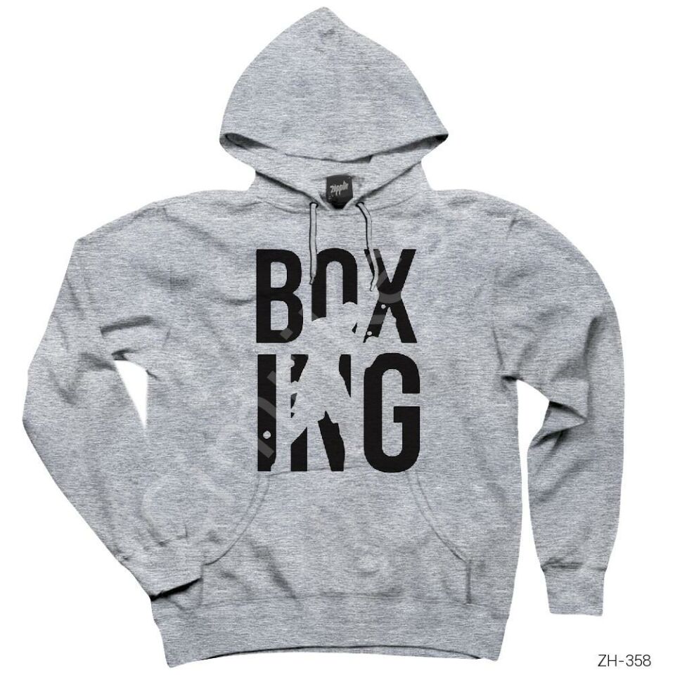Boxing Logo Gri Kapşonlu Sweatshirt Hoodie