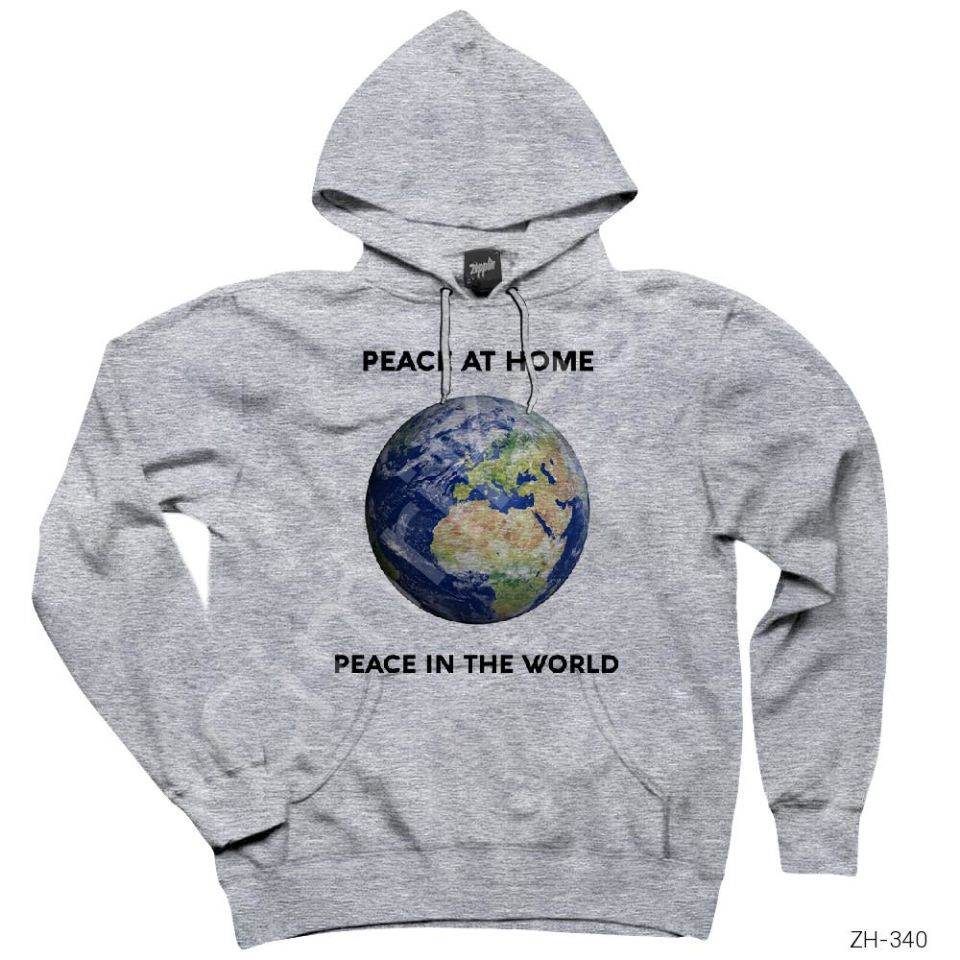 Evde Barış Dünyada Barış Gri Kapşonlu Sweatshirt Hoodie