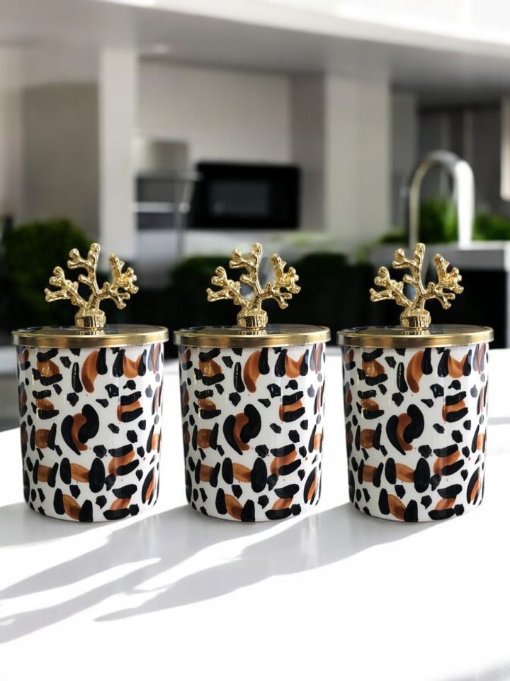 Baharatlık Silindir 3 lü Set Kahve Köşesi Leopar Desen Kahverengi Gold Mercan
