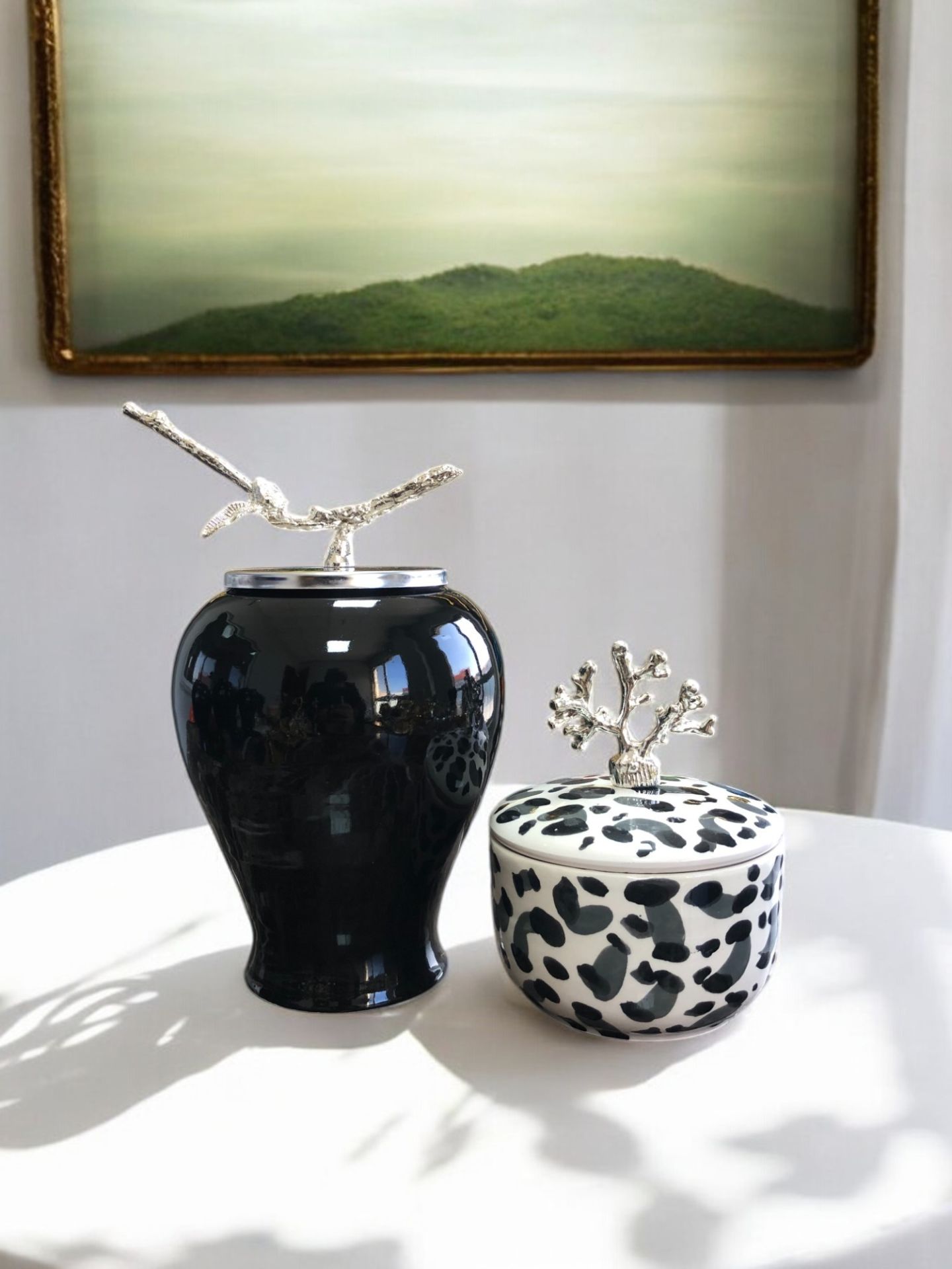 Dekoratif Obje Dallı Siyah Şah Küp Mercan Zamaklı Gri Leopar Obje Gümüş