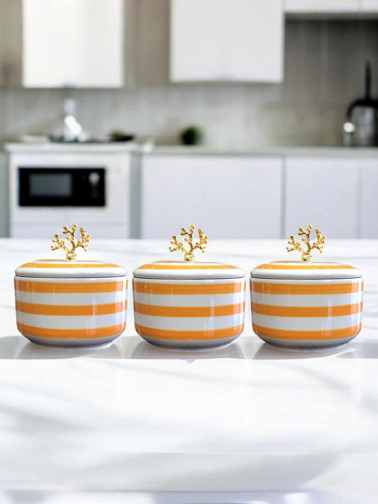 Mutfak Aksesuarı 3 lü Kahvaltılık Baharatlık Saklama Kabı Şekerlik Soft Sarı Zebra Gold Mercan
