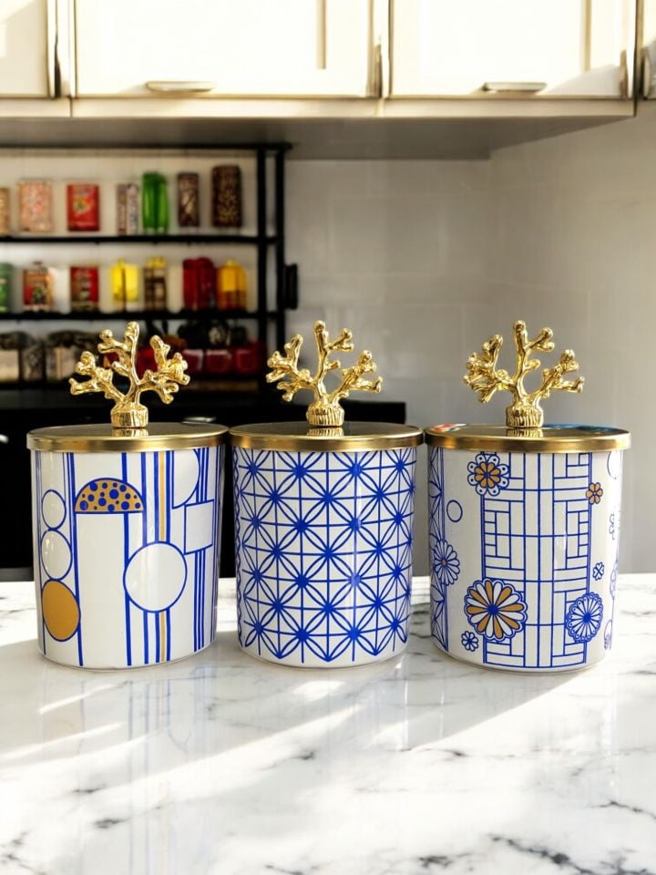 Baharatlık Silindir 3 lü Set Kahve Köşesi Lacivert Geometrik Desenli Gold Mercan
