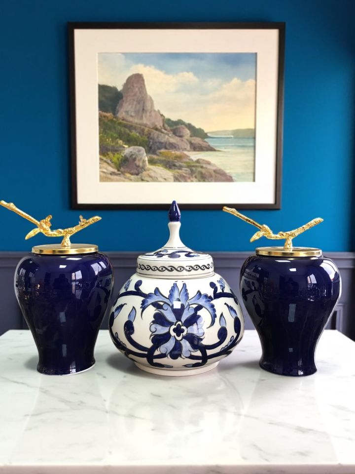 Dekoratif Obje 2 Adet Lacivert Şah Küp Kubbe Küp Mavi Çiçekli