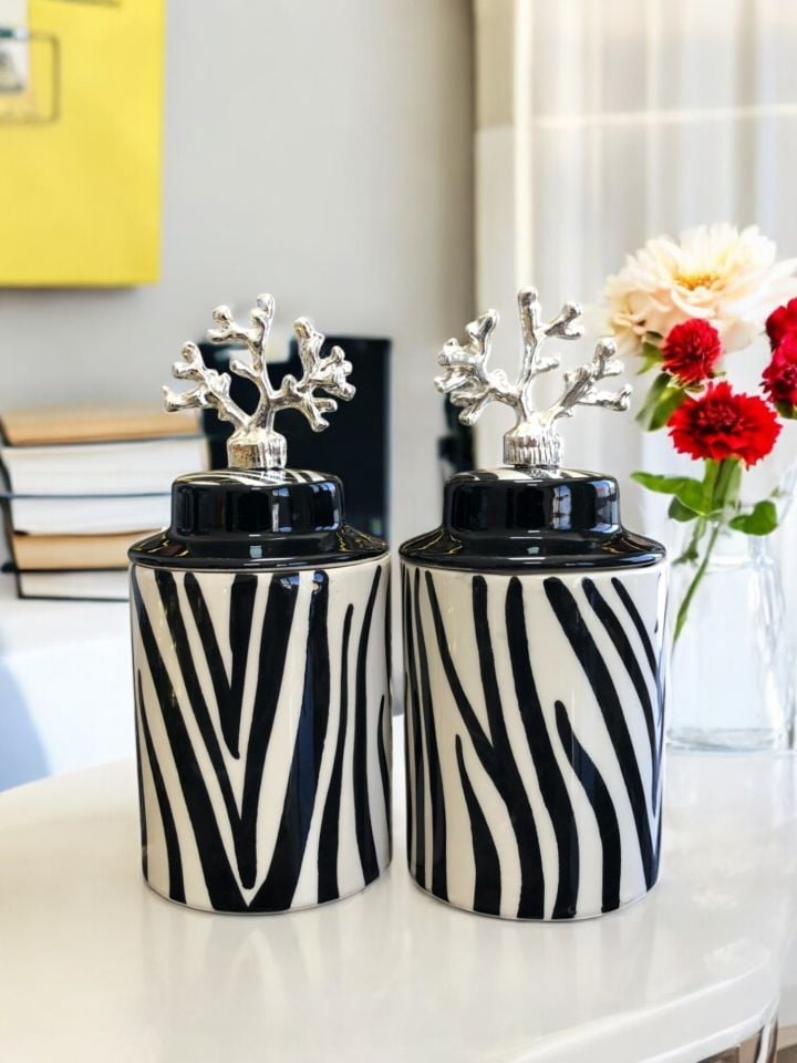 Dekoratif Obje Mutfak Aksesuarı Silindir 2 li Seramik Kapaklı Zebra Desenli Mercan Gümüş
