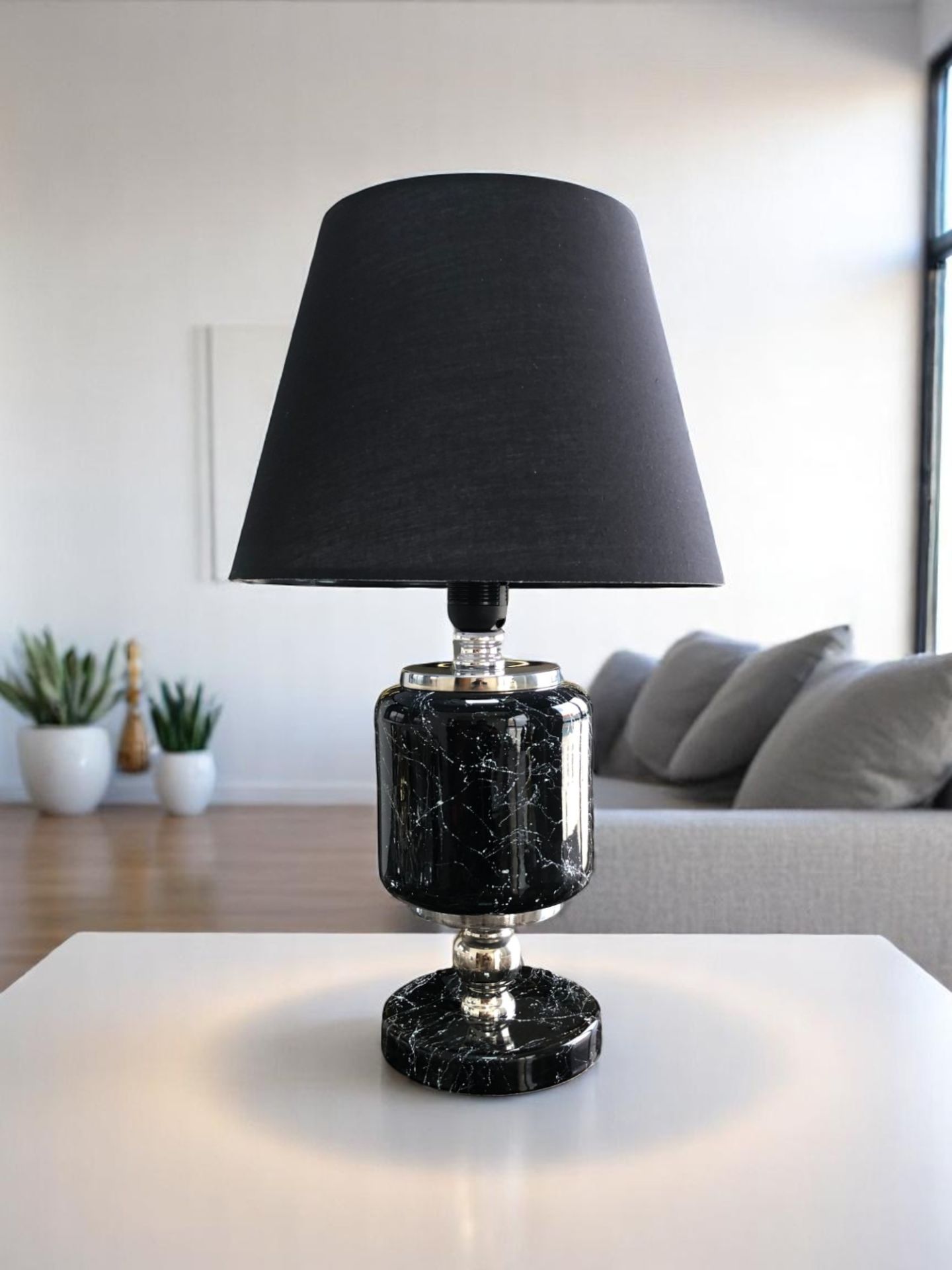 Abajur Aydınlatma Seramik Oval Siyah Mermer Siyah Şapka GÜMÜŞ