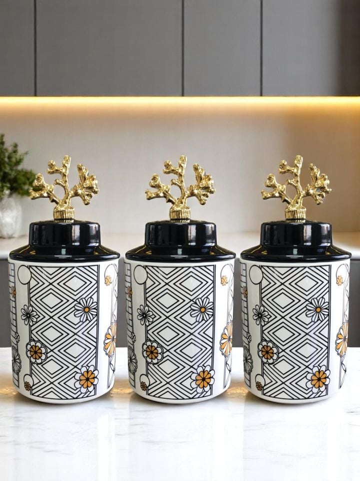 Baharatlık Silindir Seramik Büyük Boy Kapaklı 3 lü Kahve Köşesi Seti Hasır Desen 750 ml Hacimli Gold