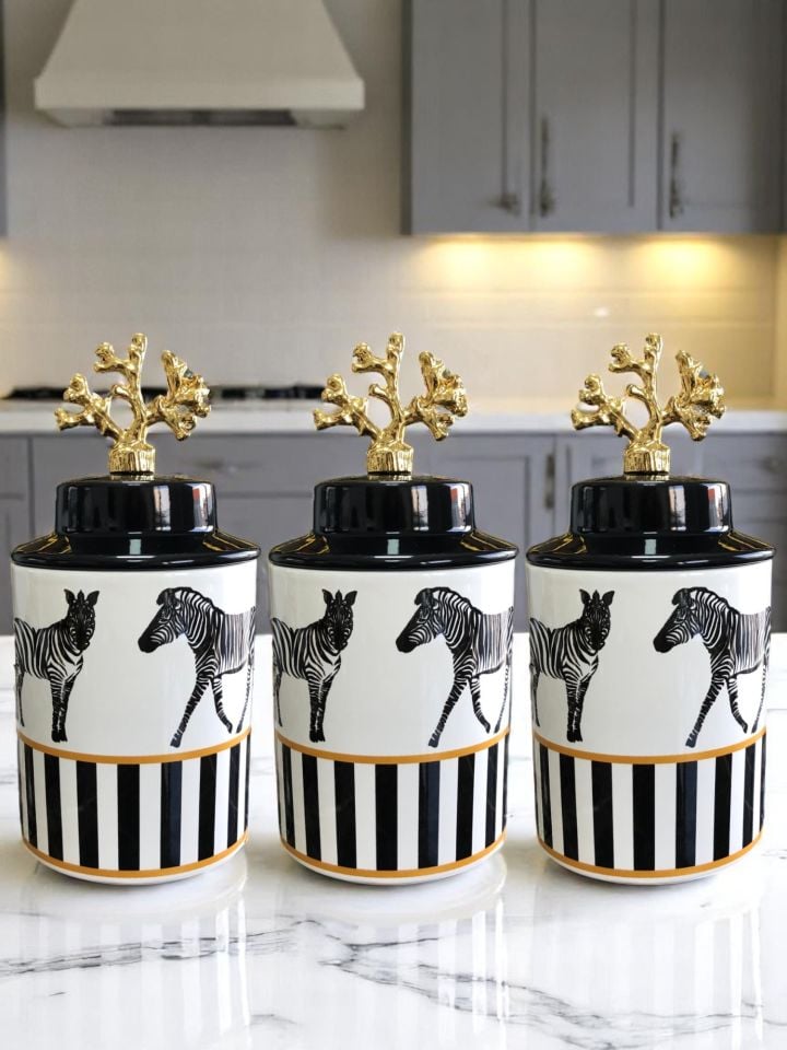 Baharatlık Silindir Seramik Büyük Boy Kapaklı 3 lü Kahve Köşesi Seti Zebra At Desen 750 ml Hacimli Gold