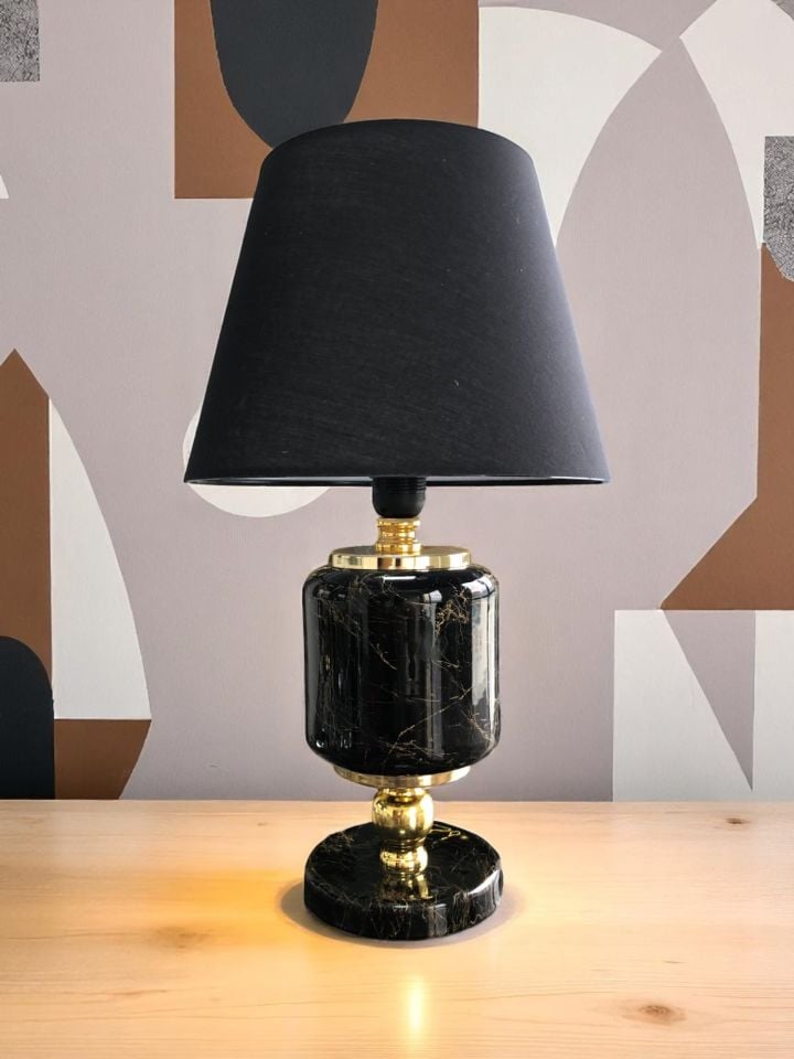 Abajur Aydınlatma Seramik Oval Siyah Mermer Siyah Şapka Gold