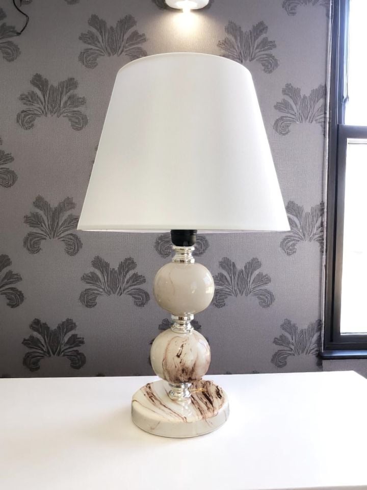 Abajur Aydınlatma Seramik Toplu Kahverengi Marble Beyaz Şapka GÜMÜŞ